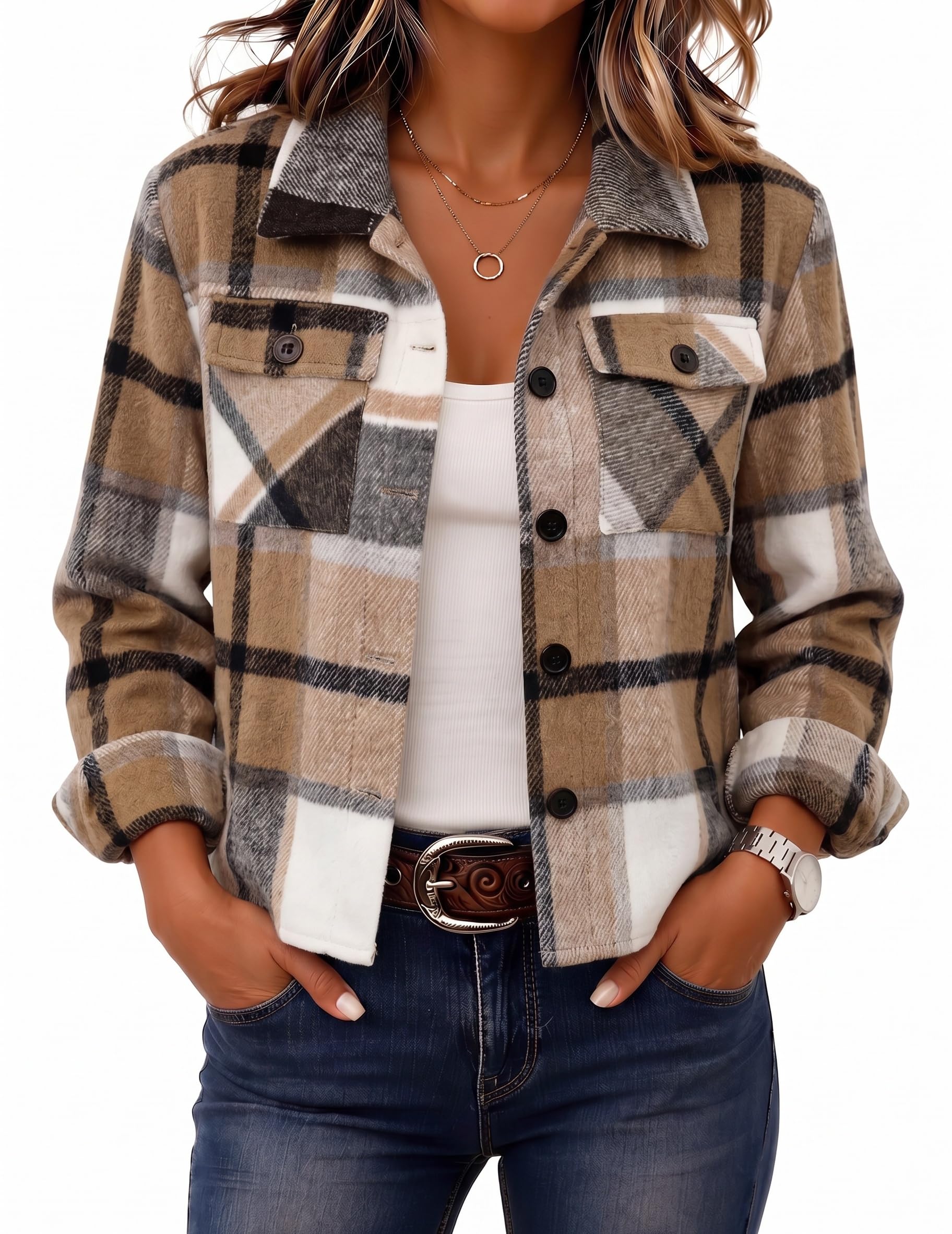 Zeagoo Flannels for Women Cropped Shacket Jacket Fashion Plaid Fall Coat