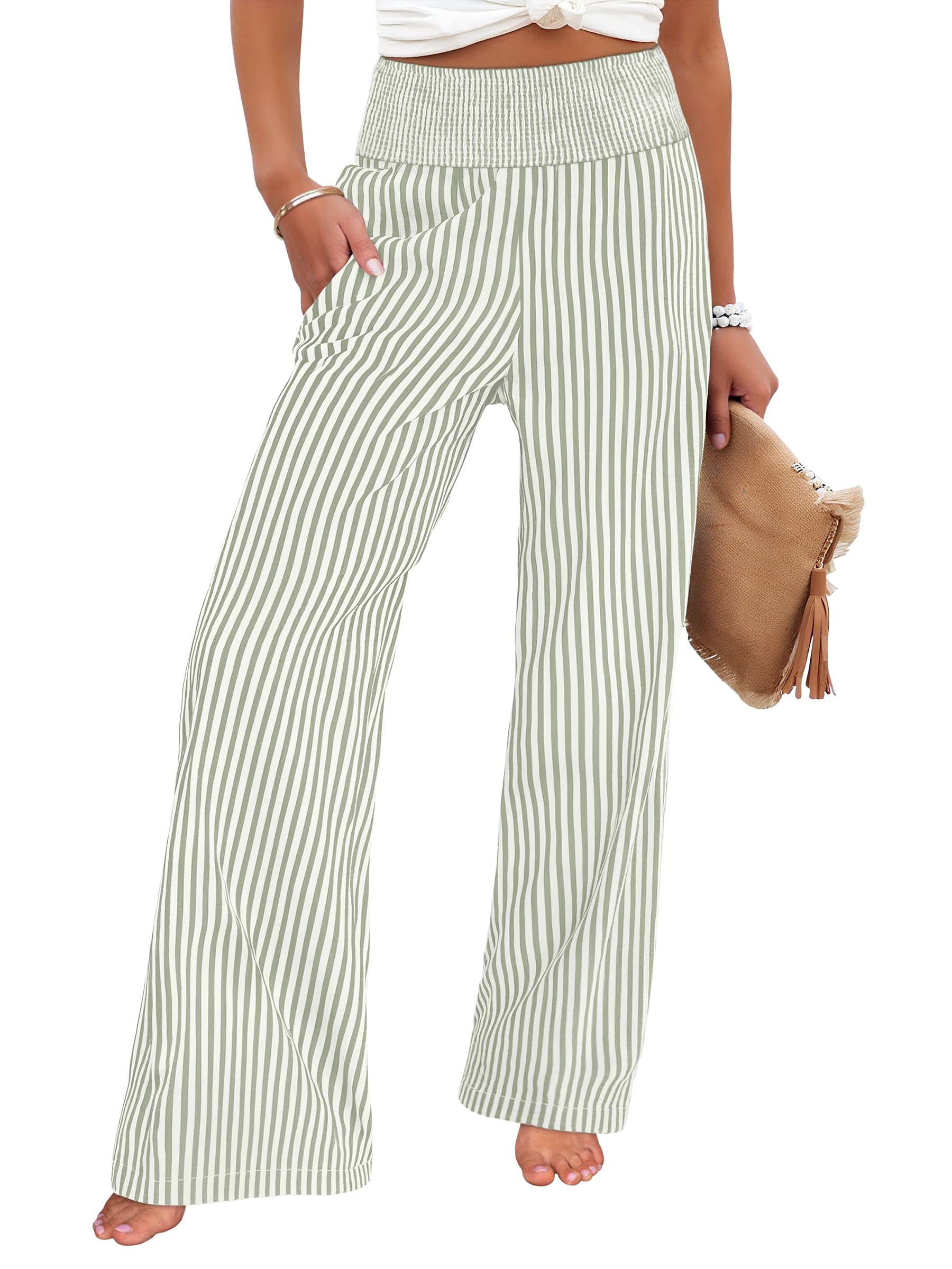 ANRABESS Womens Striped Gingham Wide Leg Palazzo Pants with Pockets