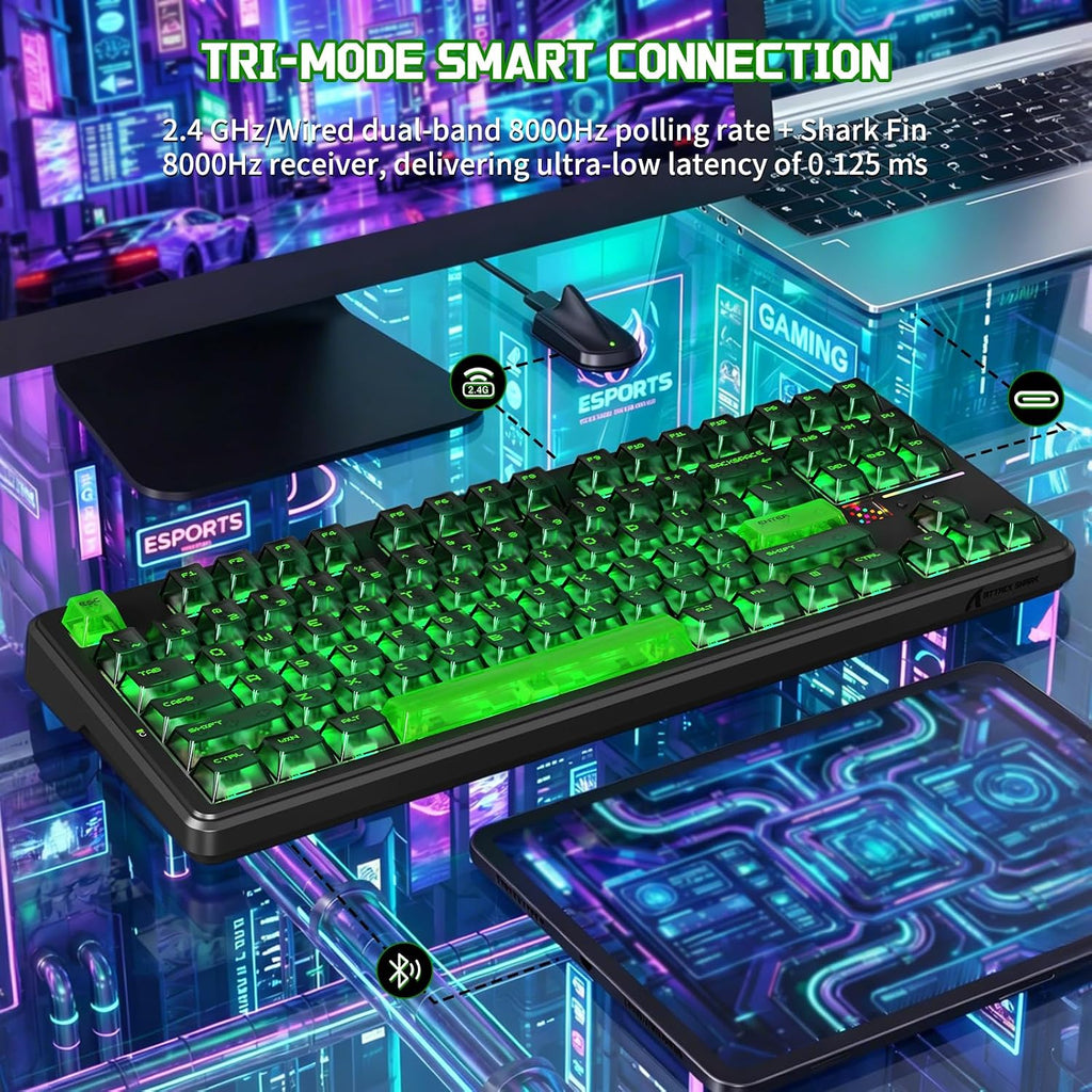 ATTACK SHARK X87 ULTRA Kablosuz Mekanik Oyun Klavyesi Dot Matrix Ekranlı, BT/2,4 GHz/Kablolu, Çift 8000Hz Yoklama Oranı,%75 Hot-Swap, 10000mAh, RGB, Shark Fin Kablosuz Alıcı, Mürekkep Gölge