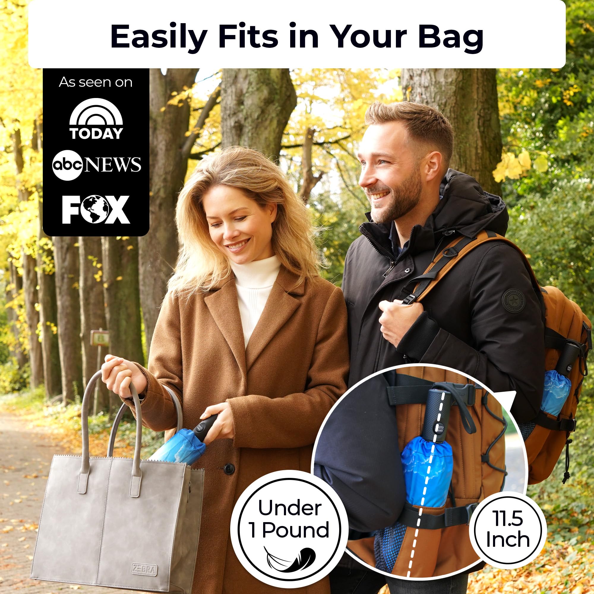 TUMELLA Strongest Windproof Travel Umbrella (Compact, 100MPH Wind-Tested), Light, Portable, One-Handed Use, Automatic Folding Rain Umbrella, Durable, Premium Grip, Fits Car & Backpack