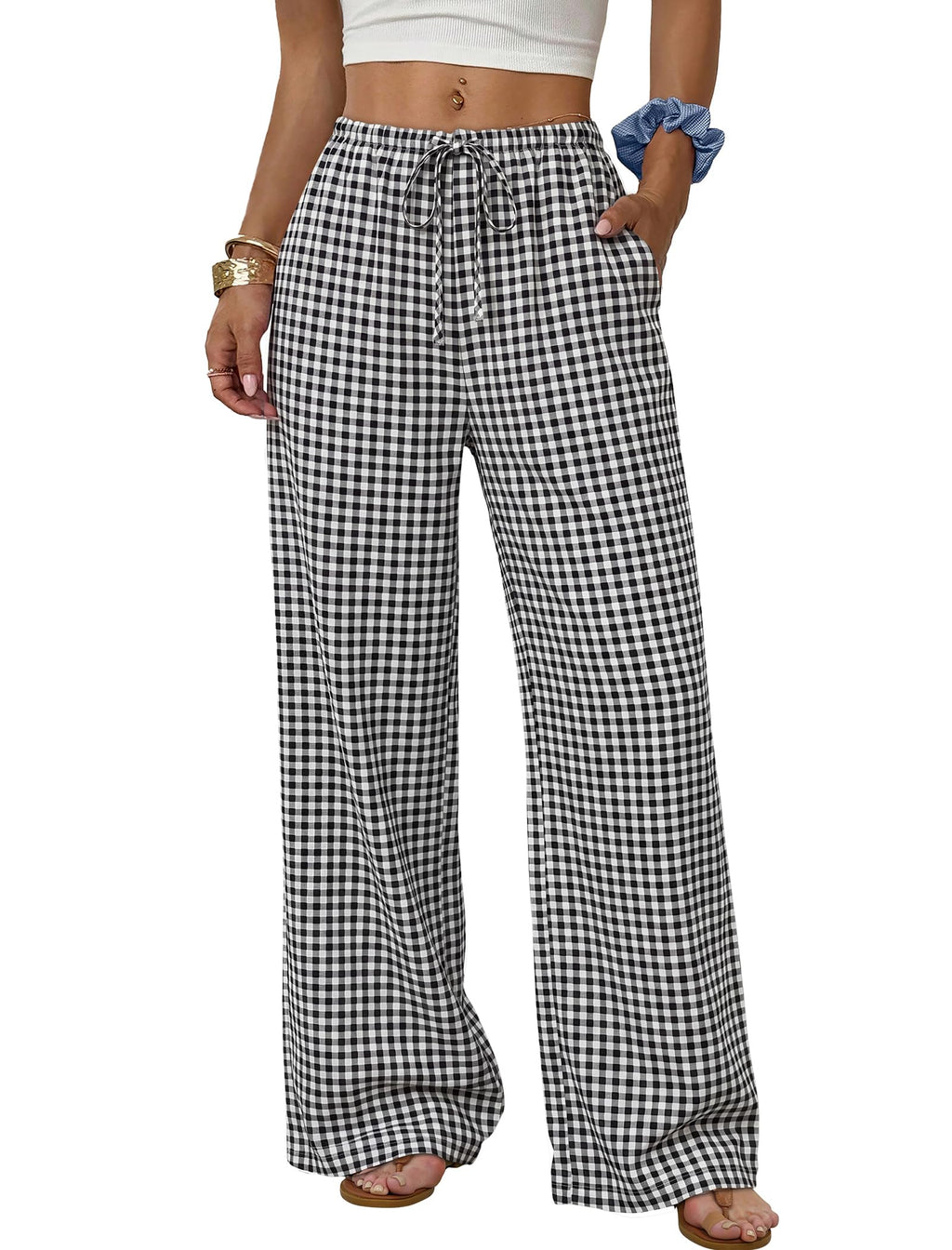 Sampeel Wide Leg Pants for Women Flowy Palazzo Drawstring Elastic Waist Trousers with Pockets Summer Beach Vacation Clothes