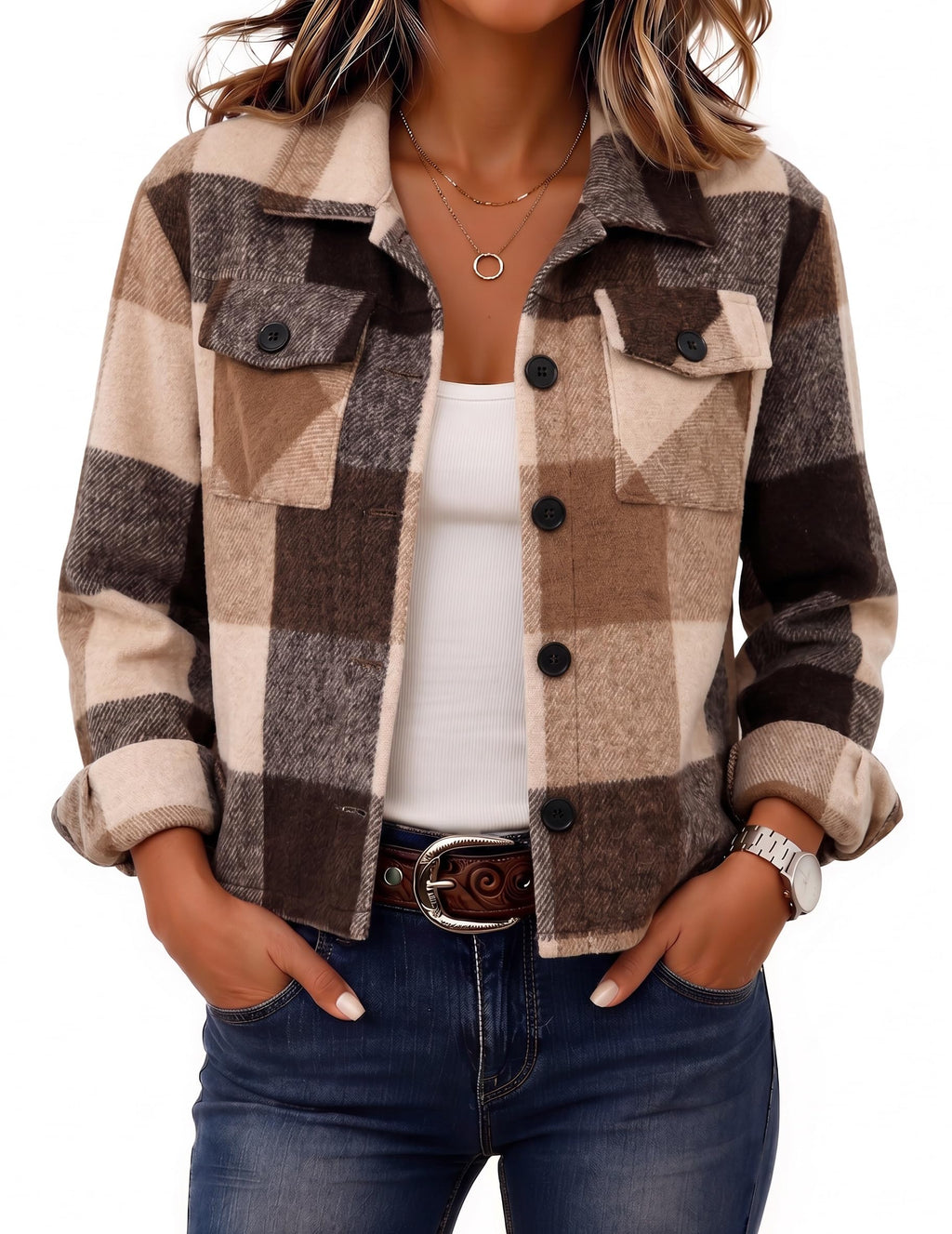 Zeagoo Flannels for Women Cropped Shacket Jacket Fashion Plaid Fall Coat