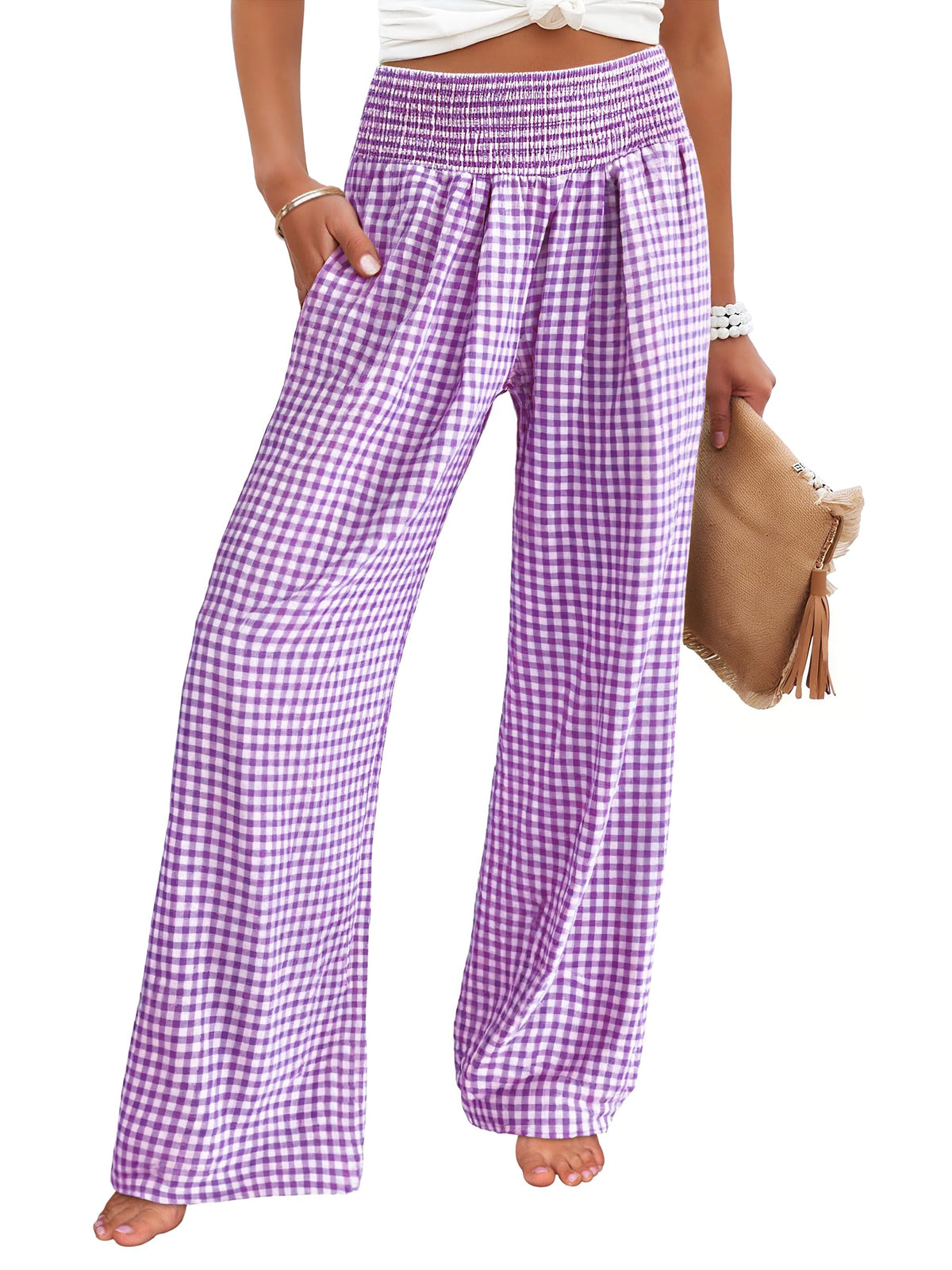 ANRABESS Womens Striped Gingham Wide Leg Palazzo Pants with Pockets