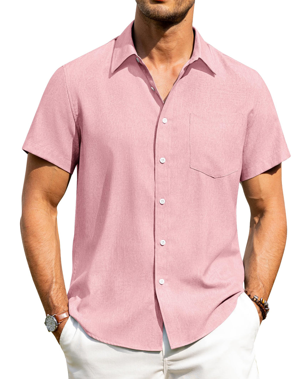 Alimens & Gentle Mens Linen Shirts Short Sleeve Button Down Shirts Wrinkle Free Casual Vacation Beach Summer Tops