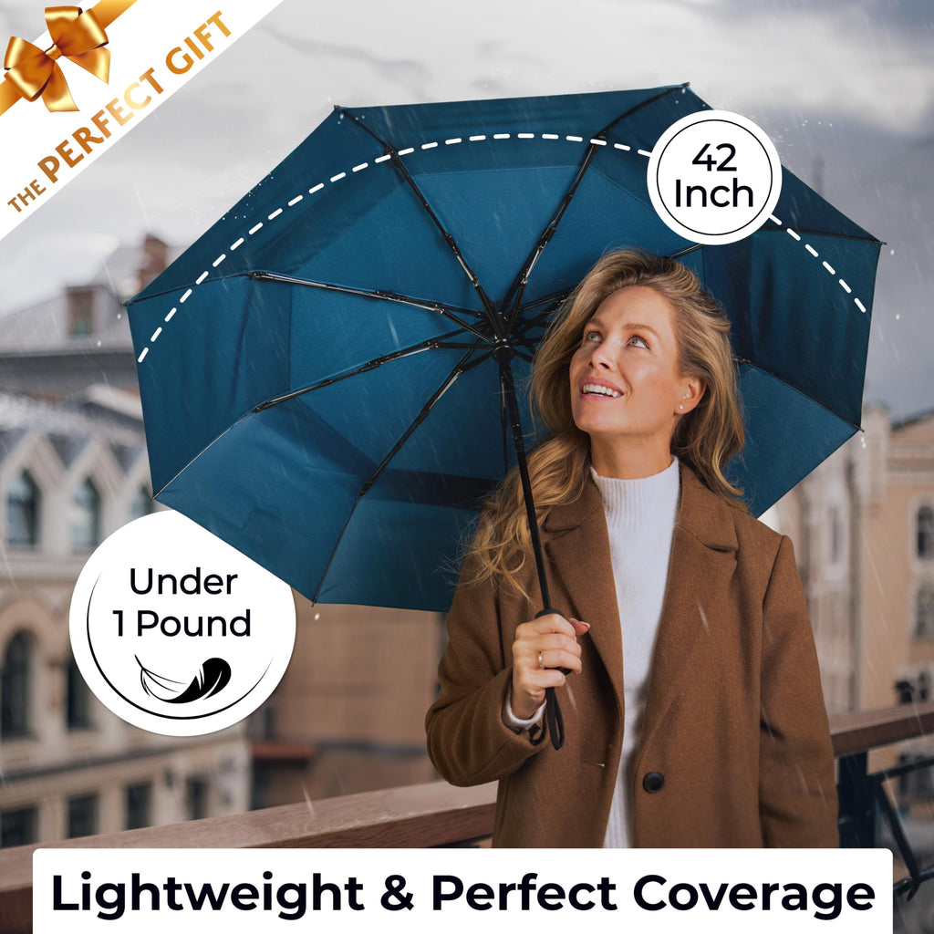 TUMELLA Strongest Windproof Travel Umbrella (Compact, 100MPH Wind-Tested), Light, Portable, One-Handed Use, Automatic Folding Rain Umbrella, Durable, Premium Grip, Fits Car & Backpack