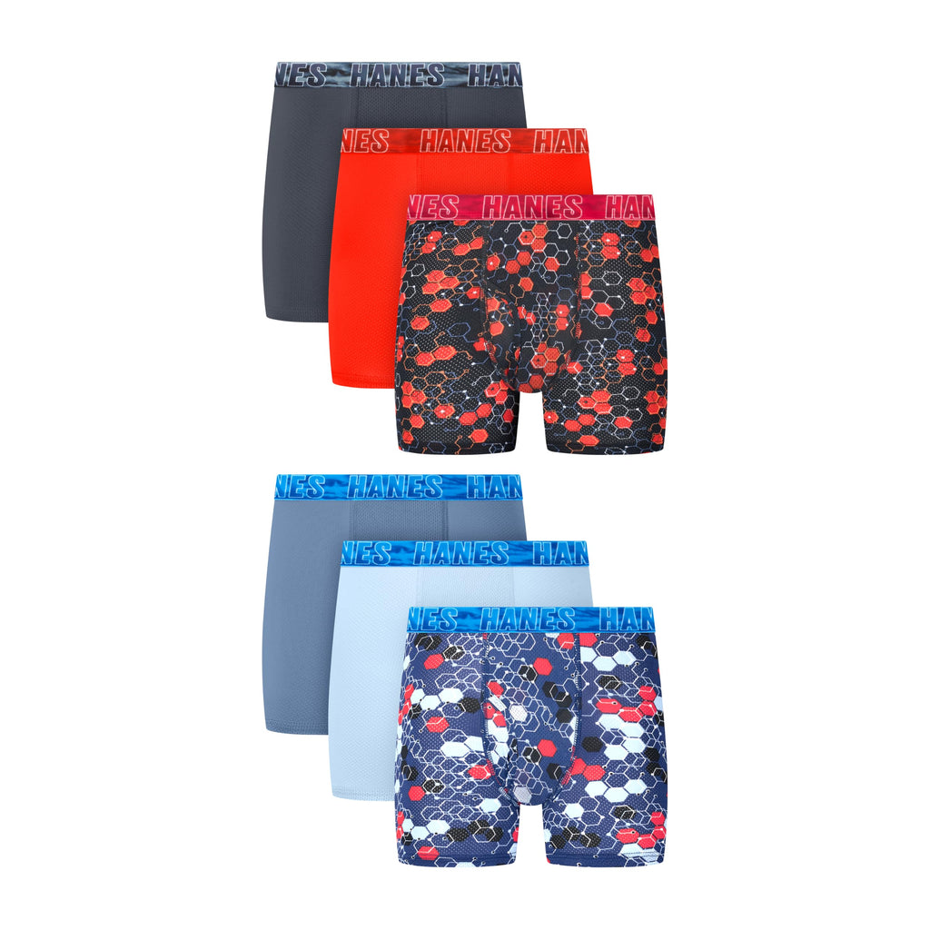Hanes Boys' Moves Performance Underwear Boxer Brief, 6-pack, All Over Mesh Moisture Wicking Boxer Briefs