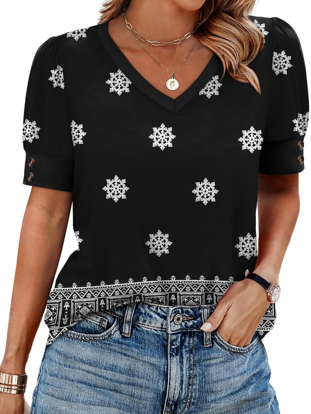 OFEEFAN Womens Tops Short Sleeve Shirts Buttons V Neck Spring Fashion Summer Outfits Plus Size Blouses Dressy Casual