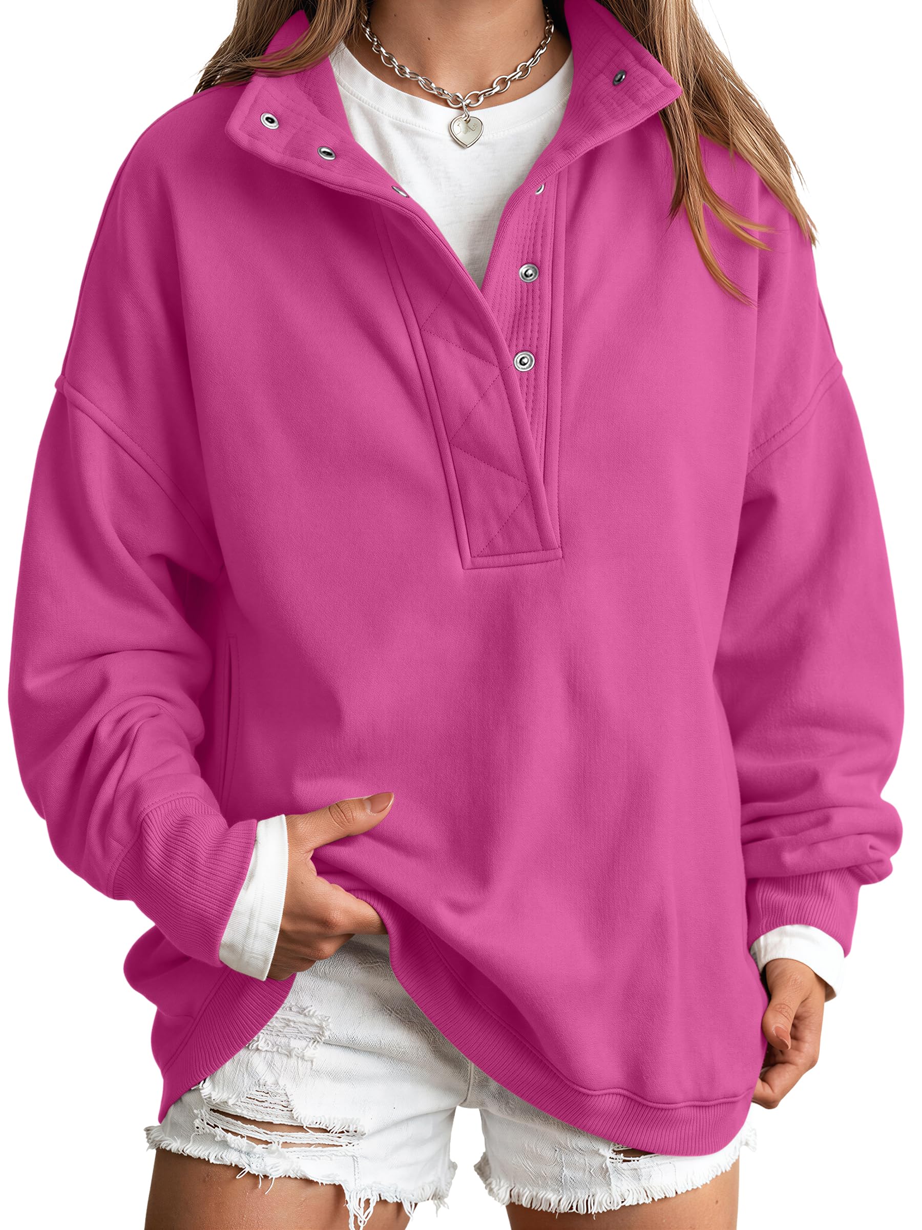 Trendy Queen Womens Oversized Sweatshirts with Snap Button Henley Collar