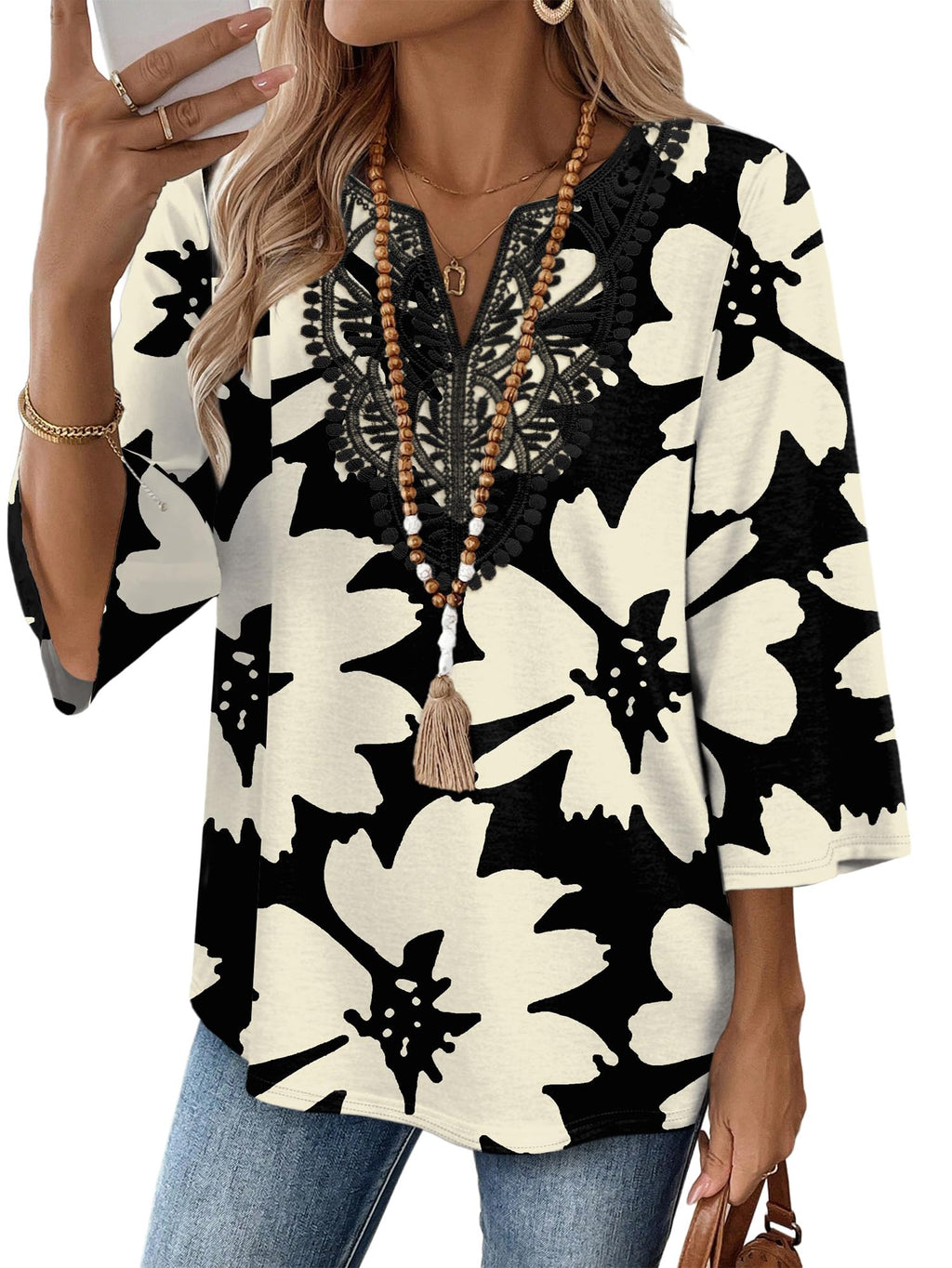 WIHOLL 3/4 Length Sleeve Womens Tops Boho V Neck Lace Shirt Trendy Blouses Dressy Casual Vacation Clothes S-3XL