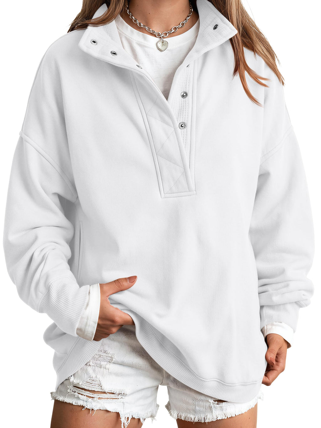 Trendy Queen Womens Oversized Sweatshirts with Snap Button Henley Collar