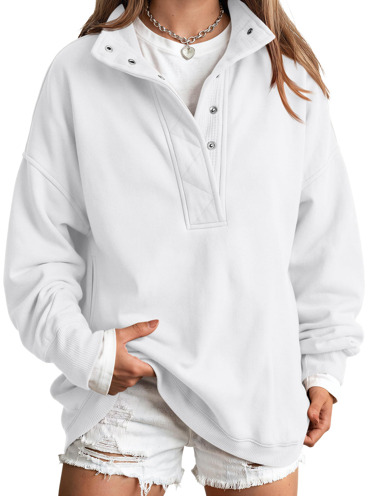 Trendy Queen Womens Oversized Sweatshirts with Snap Button Henley Collar