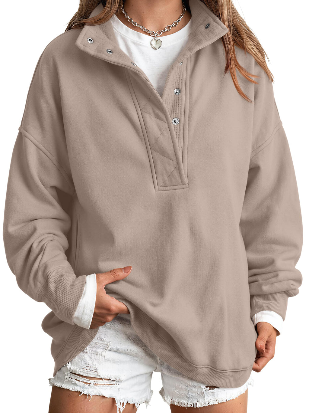 Trendy Queen Womens Oversized Sweatshirts with Snap Button Henley Collar
