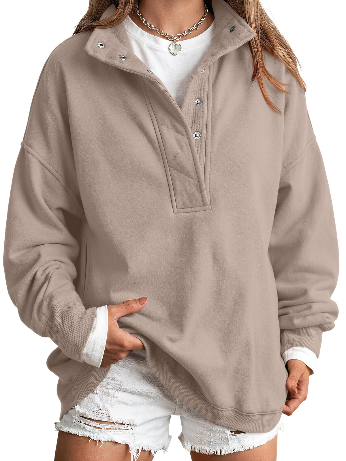 Trendy Queen Womens Oversized Sweatshirts with Snap Button Henley Collar