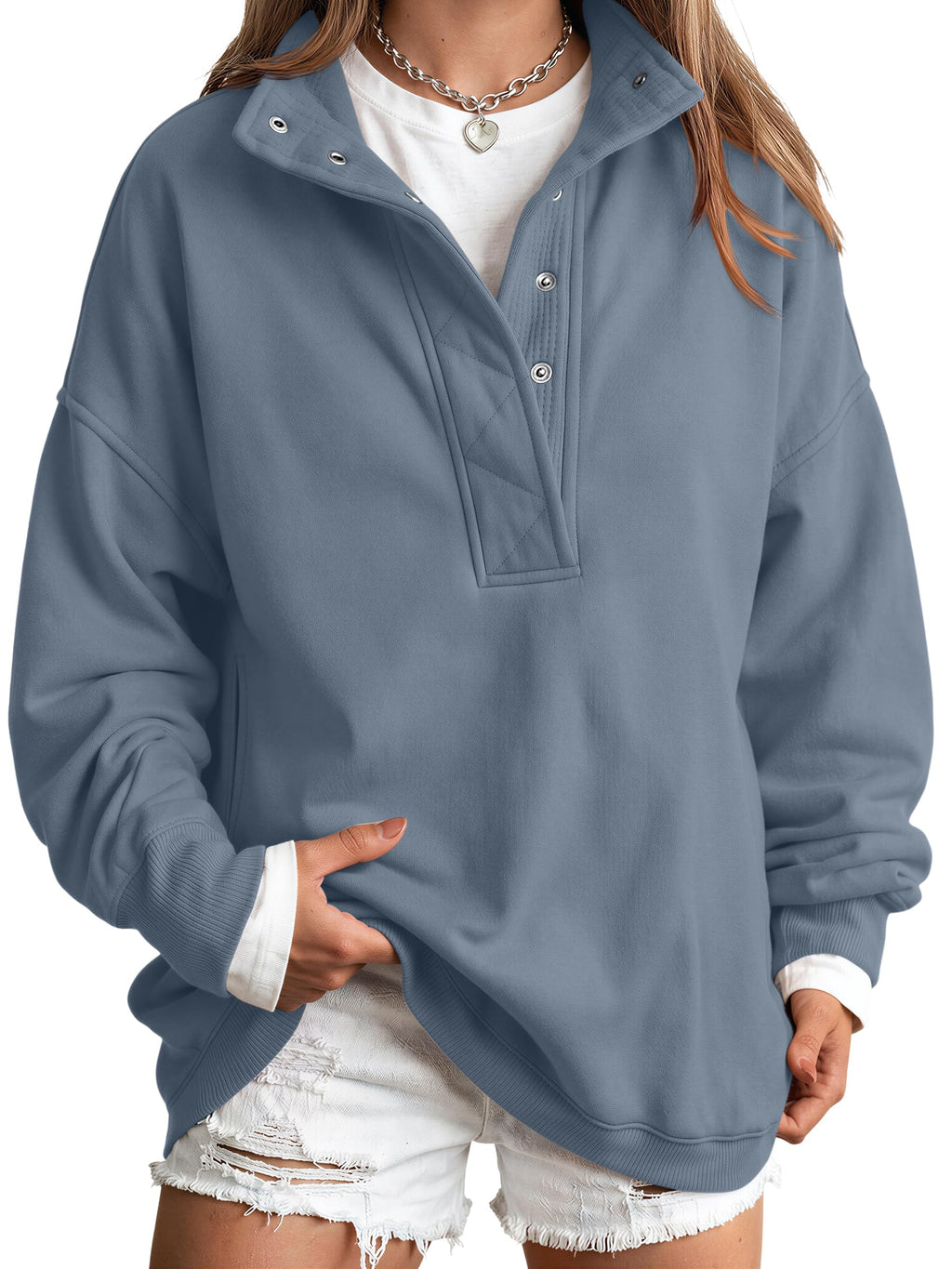 Trendy Queen Womens Oversized Sweatshirts with Snap Button Henley Collar