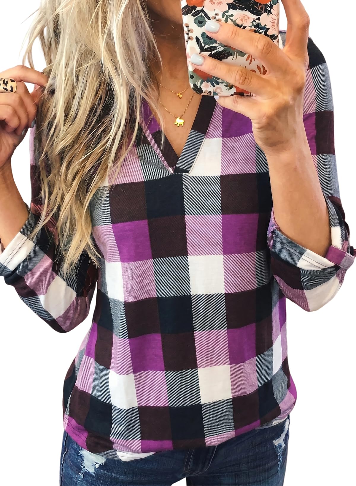 Dokotoo Womens Tops Plaid Cotton Cuffed 3/4 Sleeve Shirts Blouses