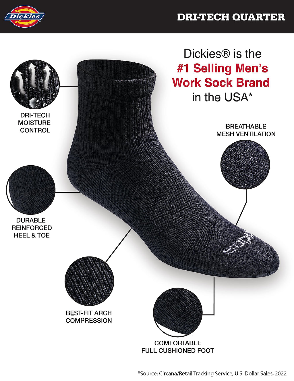 Dickies Men's Dri-Tech Moisture Control Quarter Socks, Available in M-XXL (6, 12, 18 Pairs)