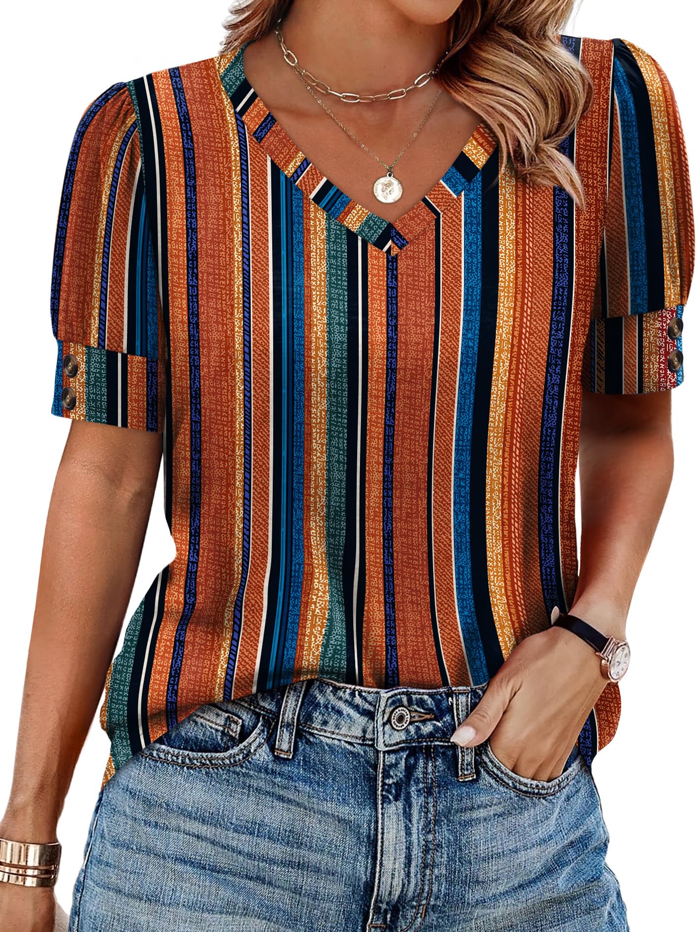 OFEEFAN Womens Tops Short Sleeve Shirts Buttons V Neck Spring Fashion Summer Outfits Plus Size Blouses Dressy Casual