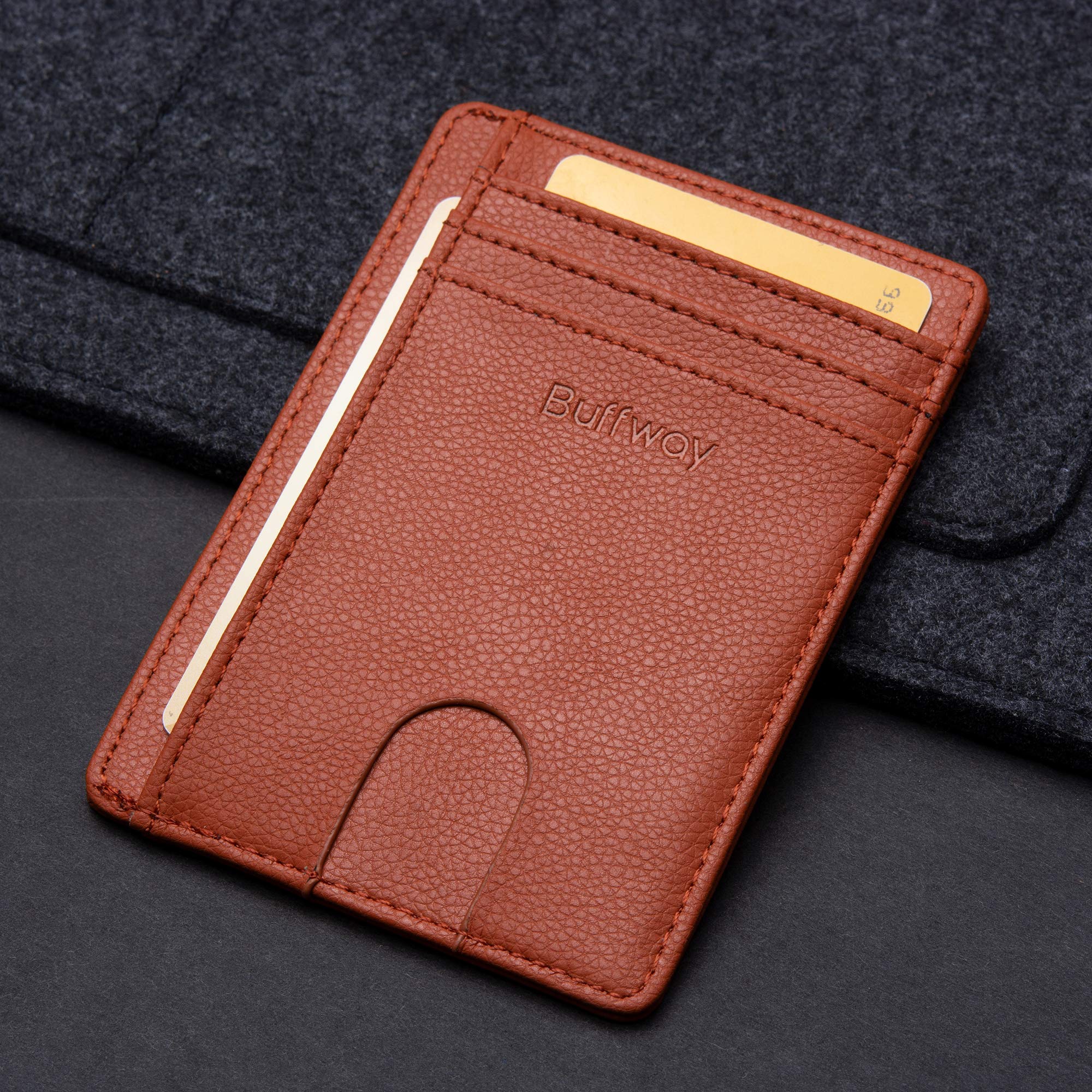 Buffway Slim Minimalist Front Pocket RFID Blocking Leather Wallets for Men and Women - Cross Black