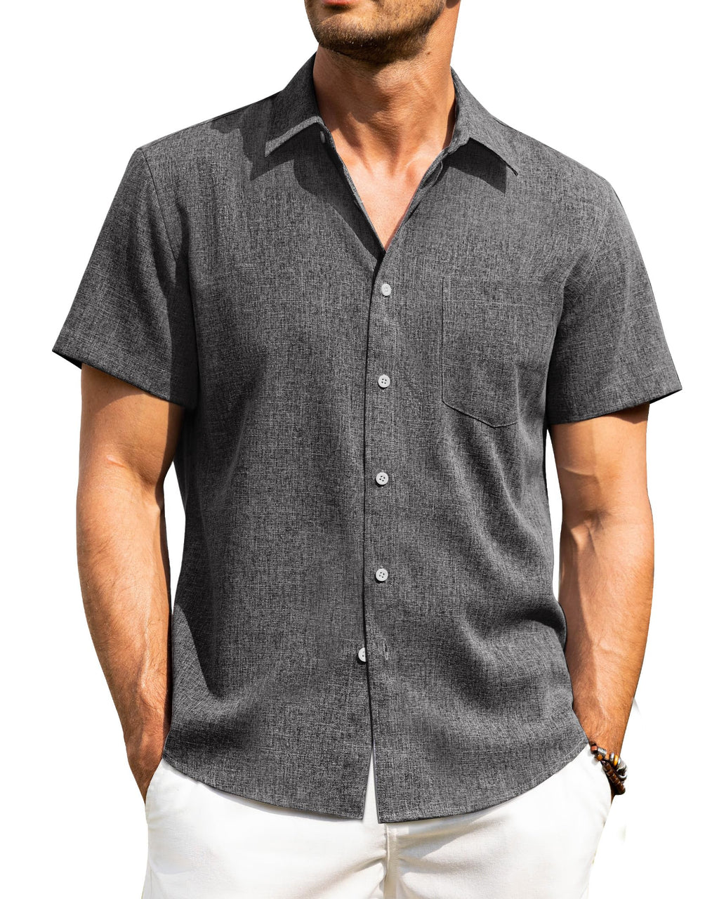 Alimens & Gentle Mens Linen Shirts Short Sleeve Button Down Shirts Wrinkle Free Casual Vacation Beach Summer Tops