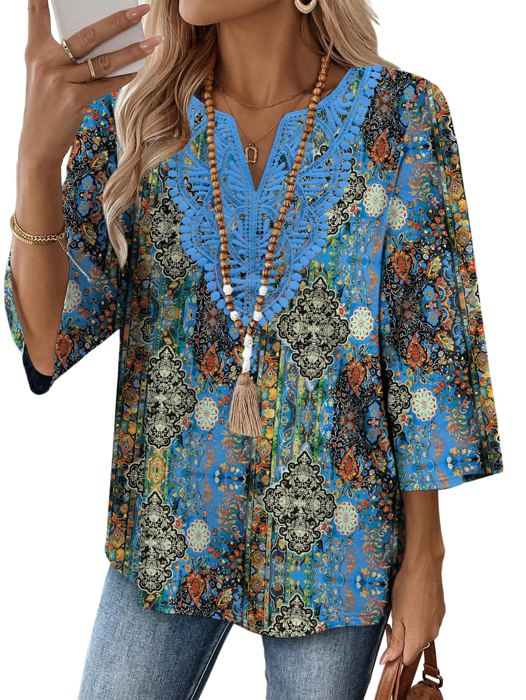 WIHOLL 3/4 Length Sleeve Womens Tops Boho V Neck Lace Shirt Trendy Blouses Dressy Casual Vacation Clothes S-3XL