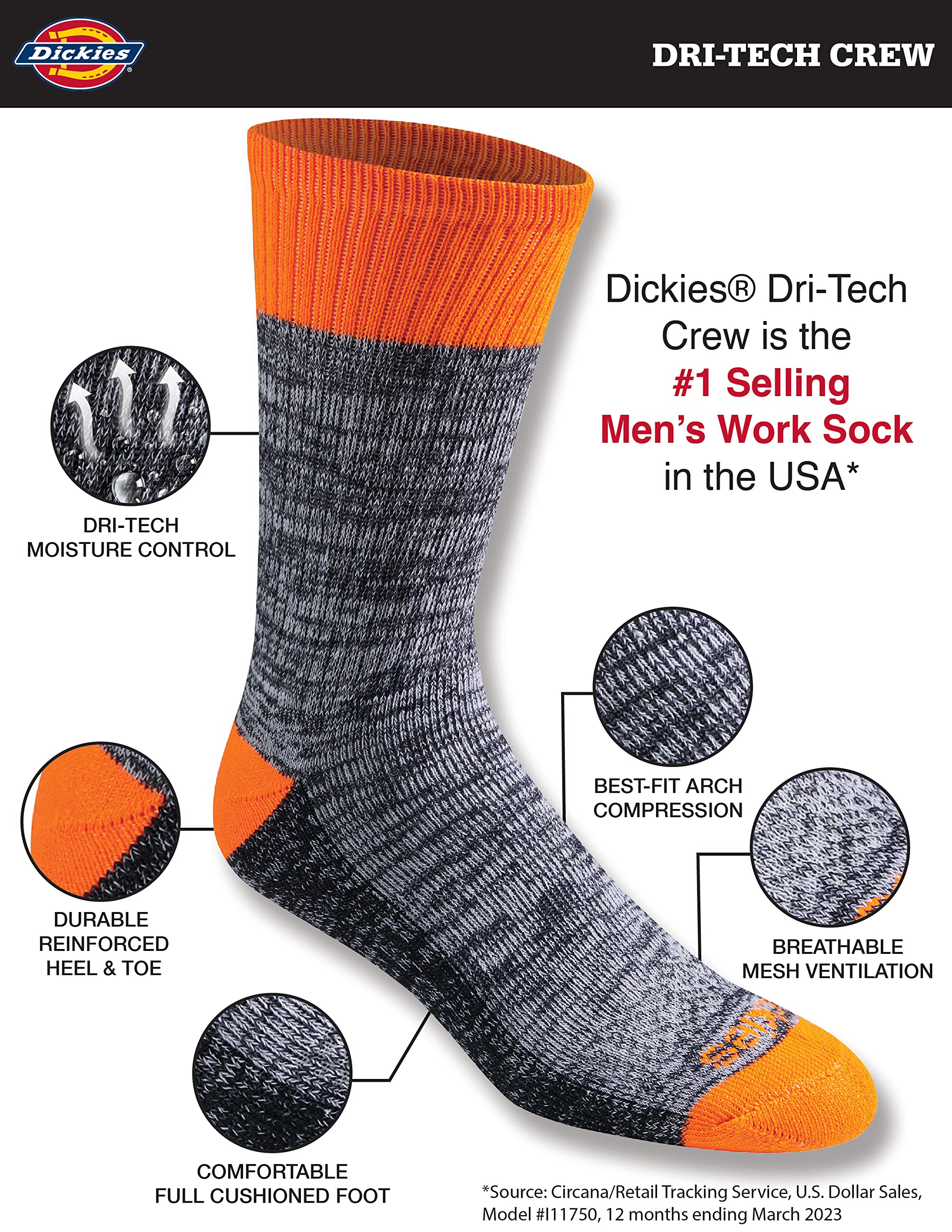 Dickies Men's Dri-tech Original Moisture Control Crew Socks, Available in M-xxl (6, 12, 18 Pairs)