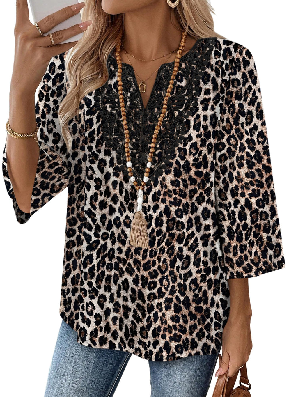 WIHOLL 3/4 Length Sleeve Womens Tops Boho V Neck Lace Shirt Trendy Blouses Dressy Casual Vacation Clothes S-3XL