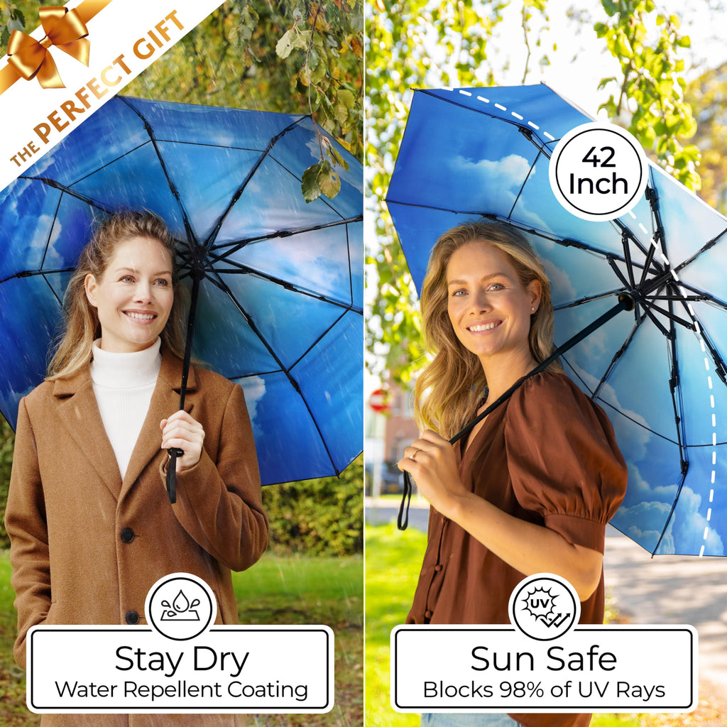 TUMELLA Strongest Windproof Travel Umbrella (Compact, 100MPH Wind-Tested), Light, Portable, One-Handed Use, Automatic Folding Rain Umbrella, Durable, Premium Grip, Fits Car & Backpack