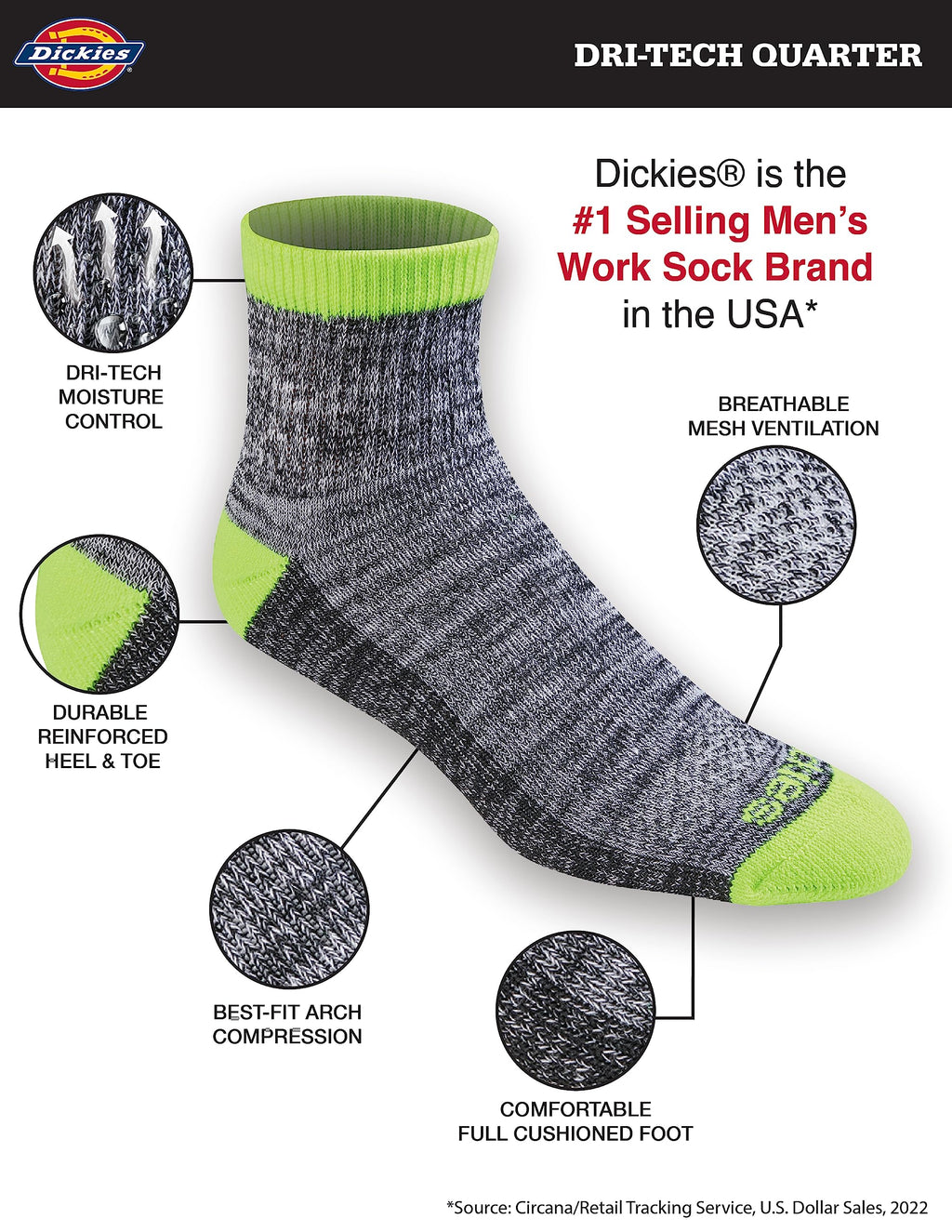 Dickies Men's Dri-Tech Moisture Control Quarter Socks, Available in M-XXL (6, 12, 18 Pairs)