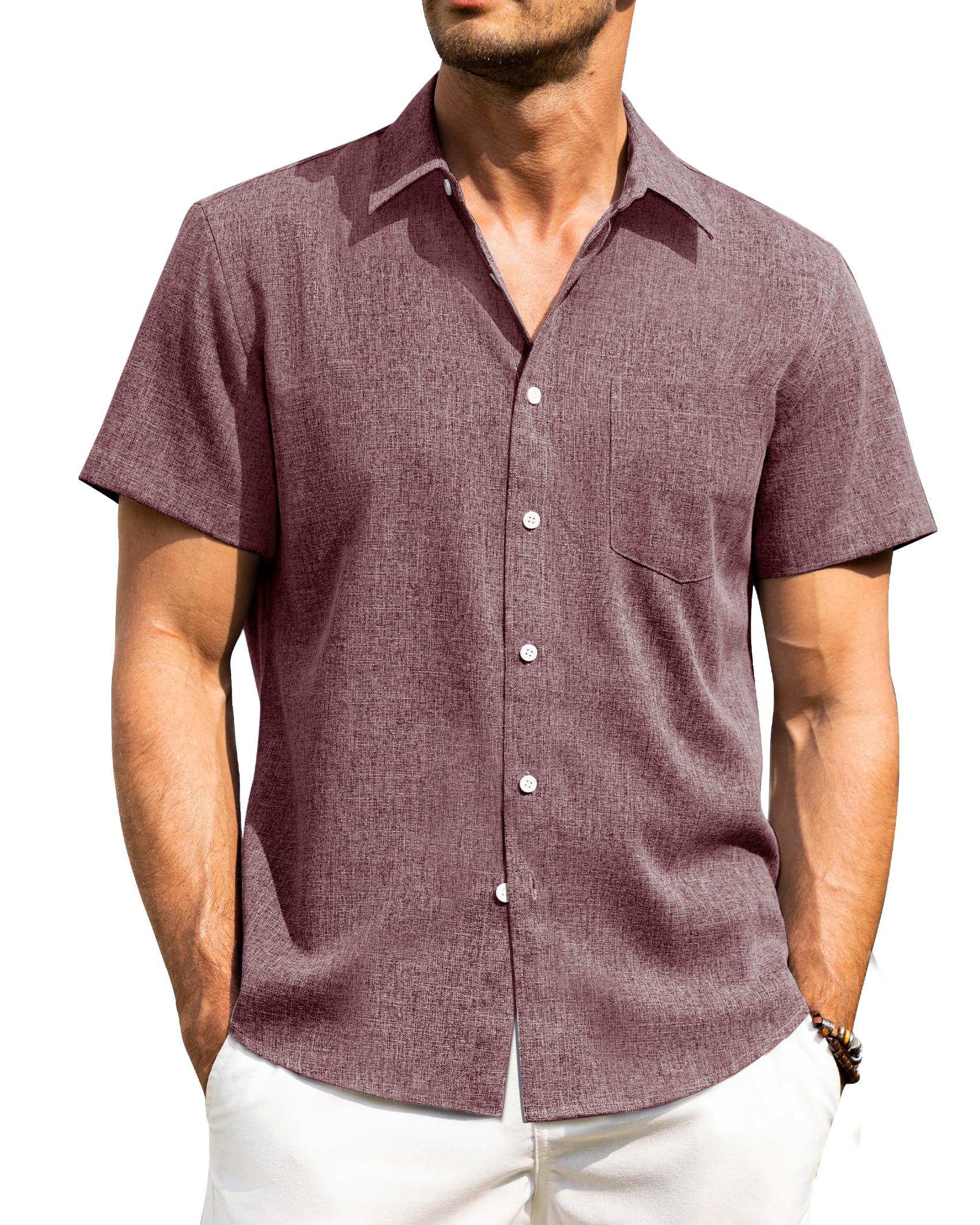 Alimens & Gentle Mens Linen Shirts Short Sleeve Button Down Shirts Wrinkle Free Casual Vacation Beach Summer Tops