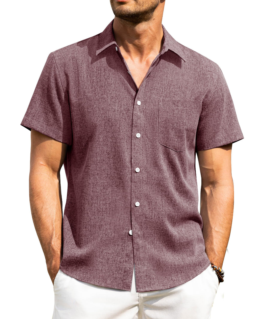 Alimens & Gentle Mens Linen Shirts Short Sleeve Button Down Shirts Wrinkle Free Casual Vacation Beach Summer Tops