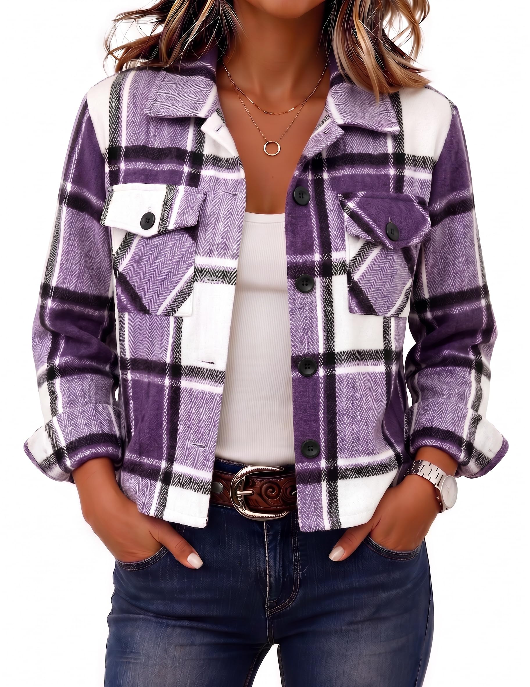 Zeagoo Flannels for Women Cropped Shacket Jacket Fashion Plaid Fall Coat