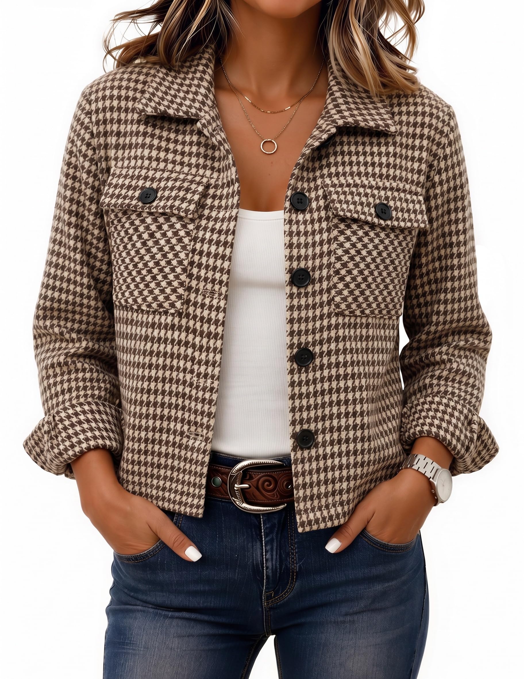 Zeagoo Flannels for Women Cropped Shacket Jacket Fashion Plaid Fall Coat