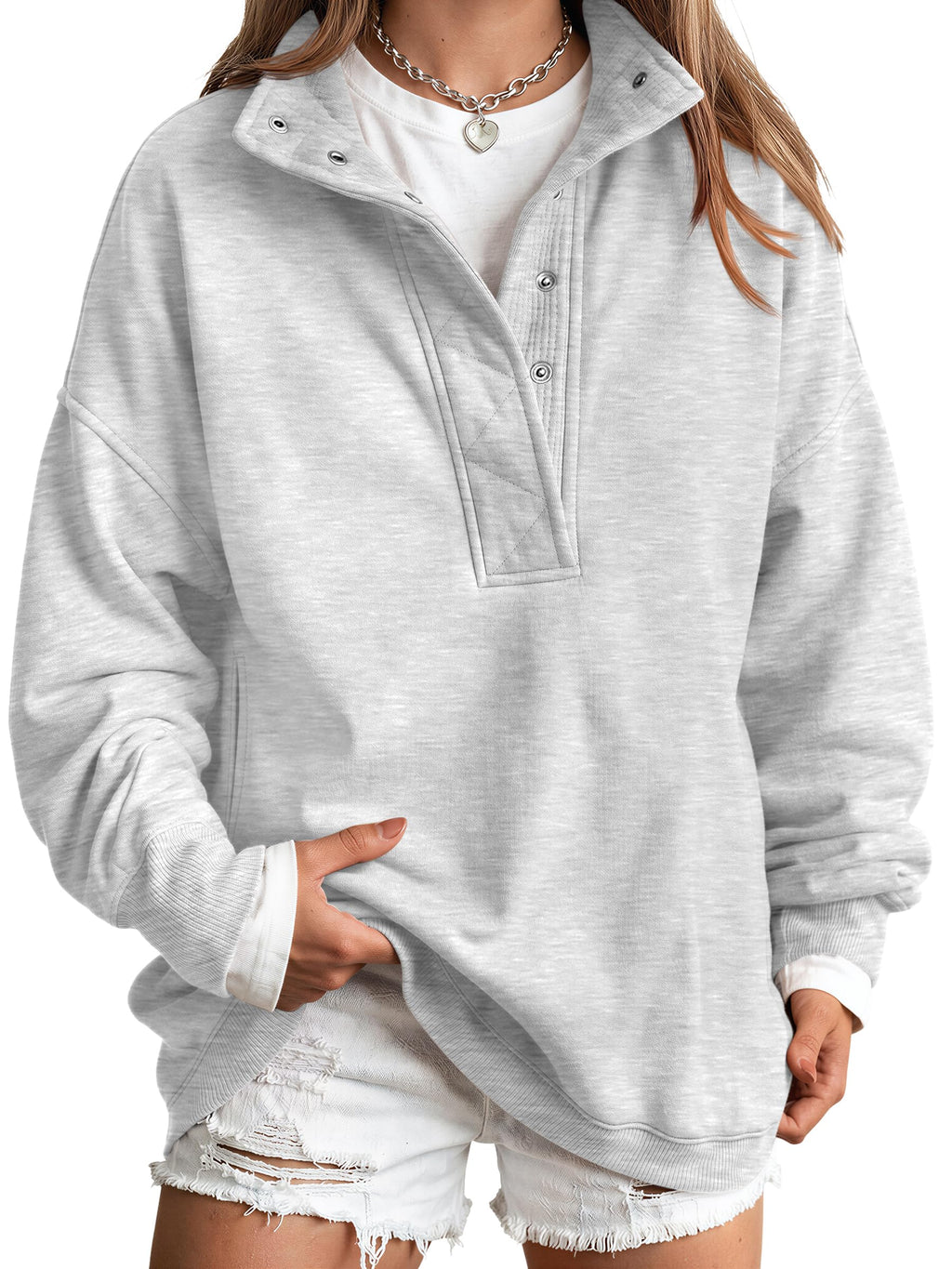 Trendy Queen Womens Oversized Sweatshirts with Snap Button Henley Collar