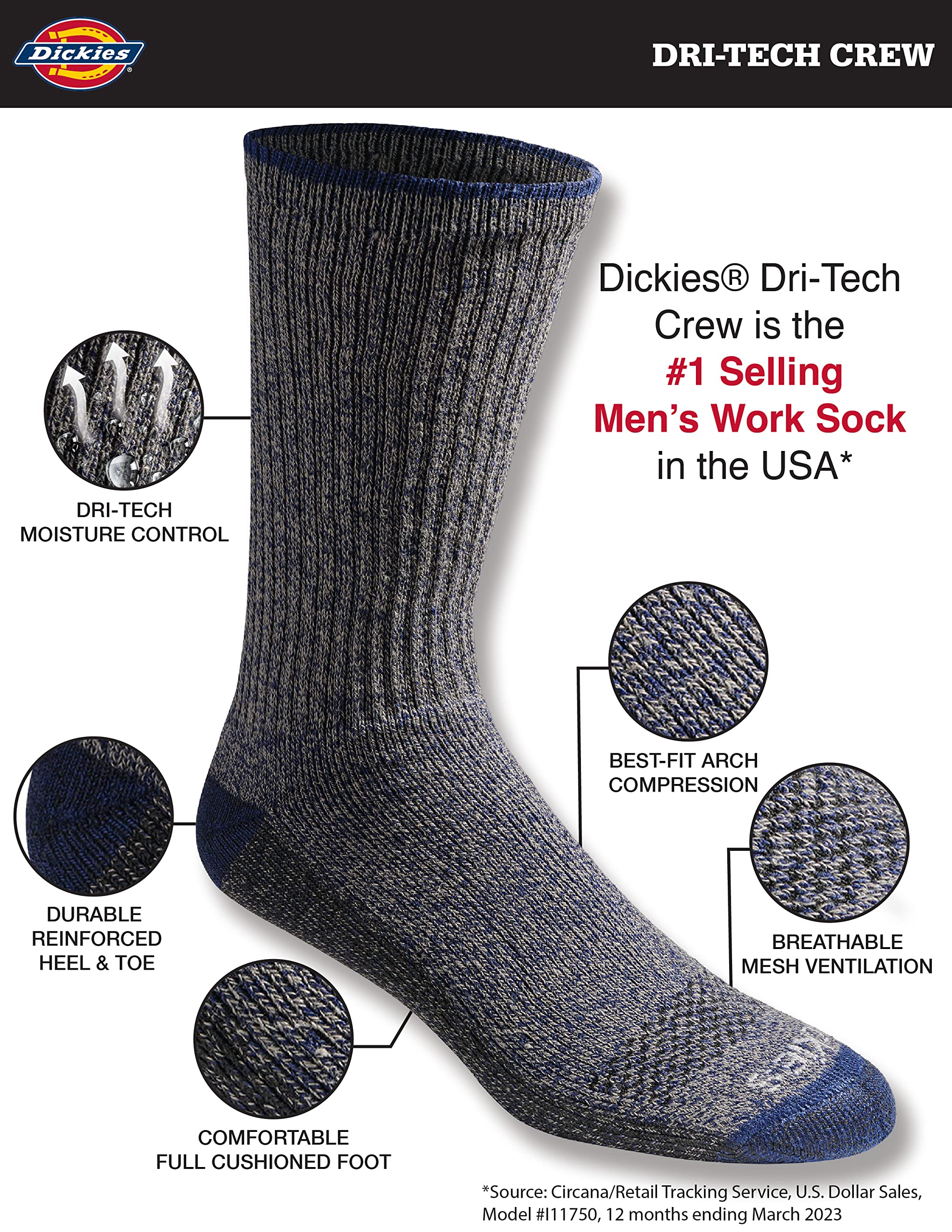 Dickies Men's Dri-tech Original Moisture Control Crew Socks, Available in M-xxl (6, 12, 18 Pairs)