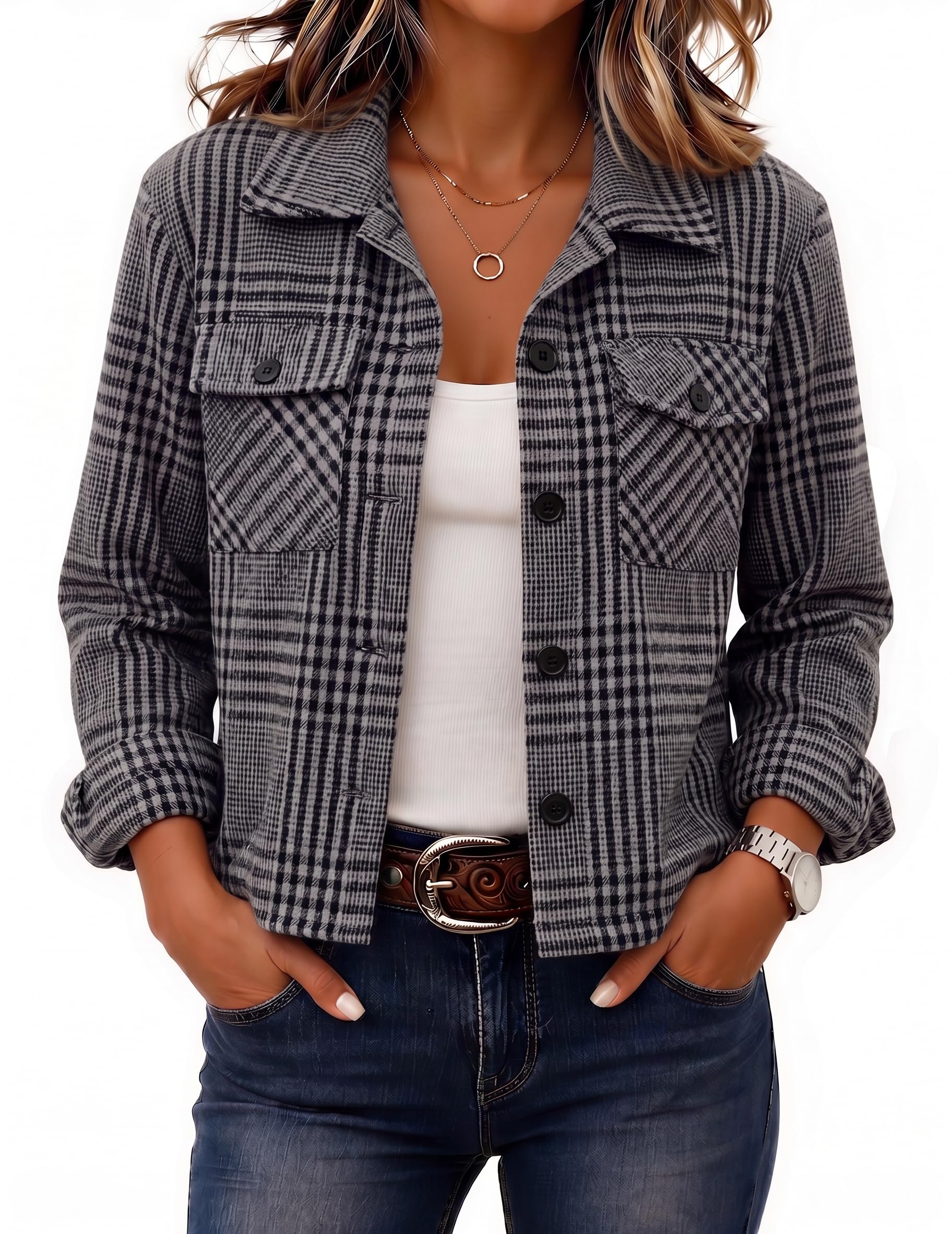 Zeagoo Flannels for Women Cropped Shacket Jacket Fashion Plaid Fall Coat