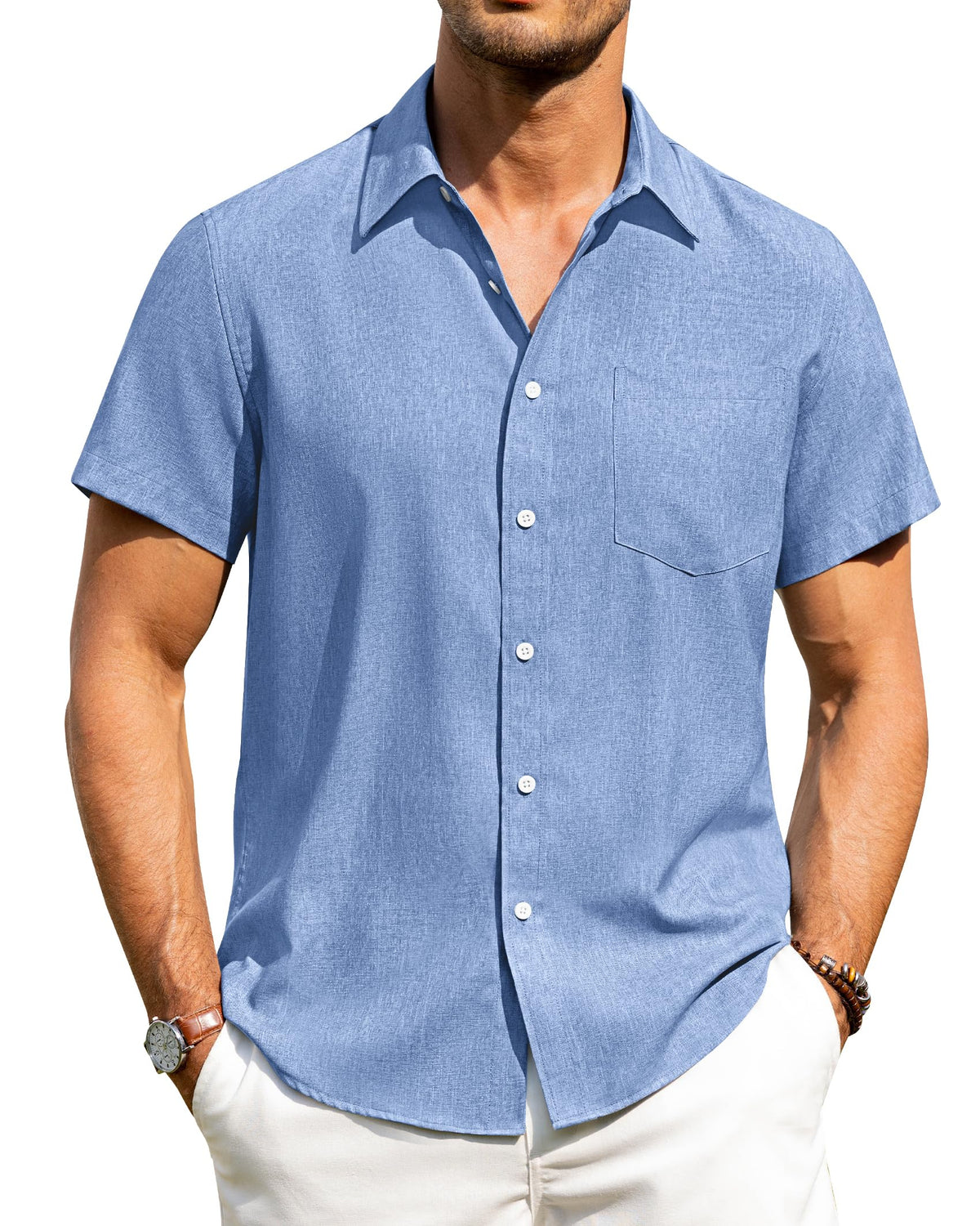 Alimens & Gentle Mens Linen Shirts Short Sleeve Button Down Shirts Wrinkle Free Casual Vacation Beach Summer Tops