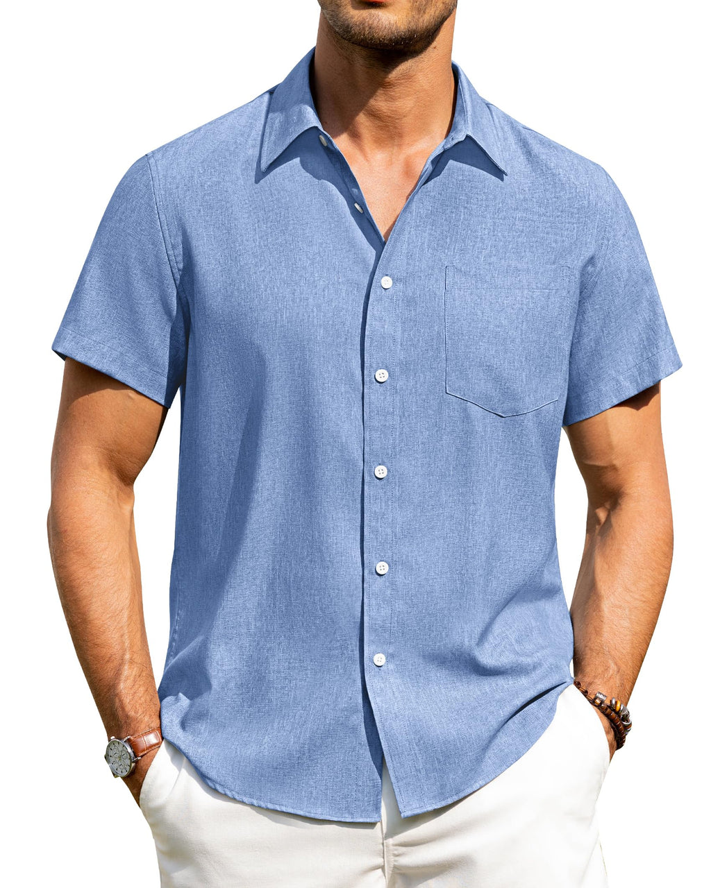 Alimens & Gentle Mens Linen Shirts Short Sleeve Button Down Shirts Wrinkle Free Casual Vacation Beach Summer Tops