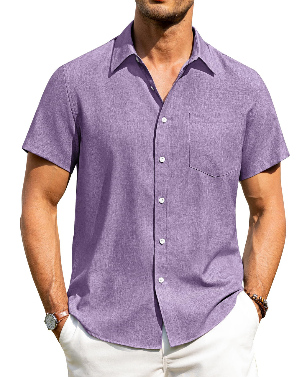 Alimens & Gentle Mens Linen Shirts Short Sleeve Button Down Shirts Wrinkle Free Casual Vacation Beach Summer Tops