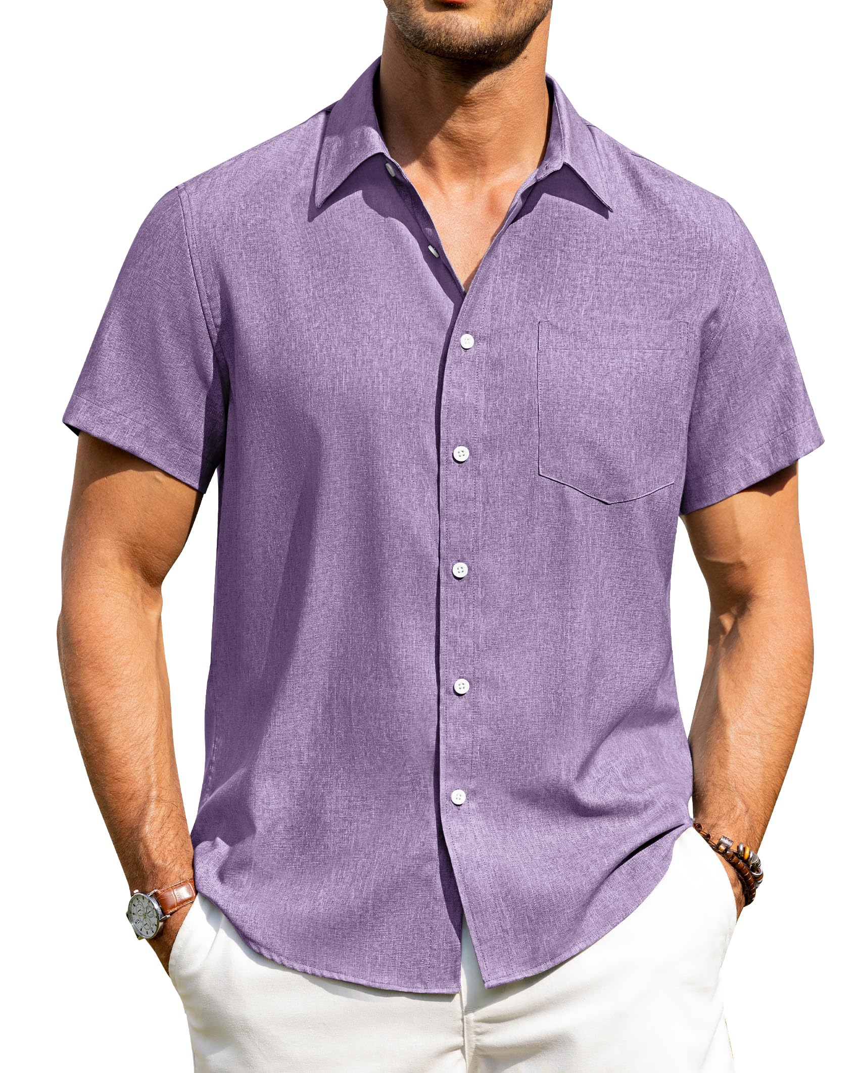 Alimens & Gentle Mens Linen Shirts Short Sleeve Button Down Shirts Wrinkle Free Casual Vacation Beach Summer Tops