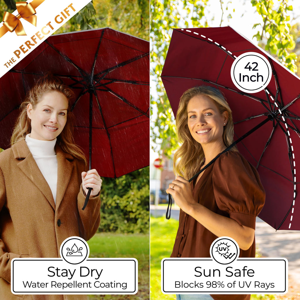 TUMELLA Strongest Windproof Travel Umbrella (Compact, 100MPH Wind-Tested), Light, Portable, One-Handed Use, Automatic Folding Rain Umbrella, Durable, Premium Grip, Fits Car & Backpack