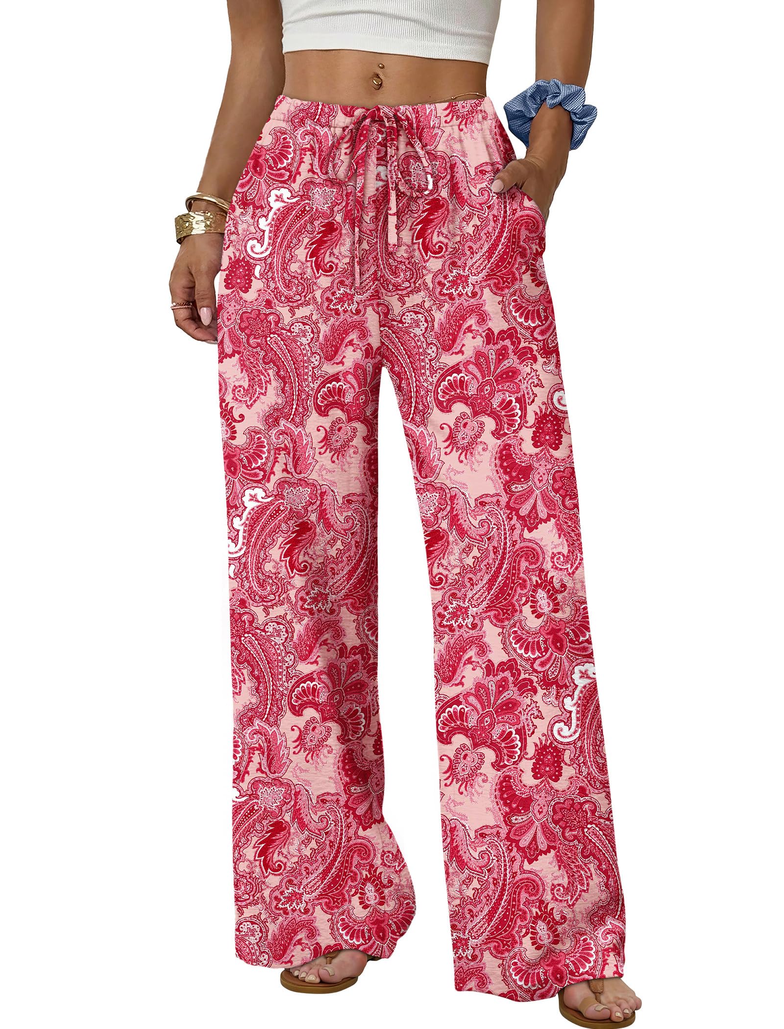 Sampeel Wide Leg Pants for Women Flowy Palazzo Drawstring Elastic Waist Trousers with Pockets Summer Beach Vacation Clothes