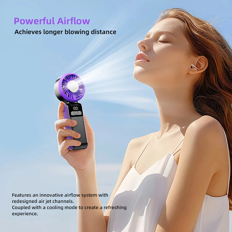 Summer Portable Fan Semiconductor Handheld Folding Cooling Fan with Ice Cooling 3.7V 100 Wind Speeds LED Display with Lanyard