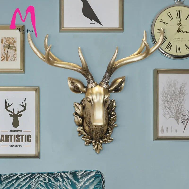 MGT-Big Deer Head Statue Decoration Accessories 3D Animal Abstract Sculpture Wall Hang Decor, Christmas Statue Living Room Mural