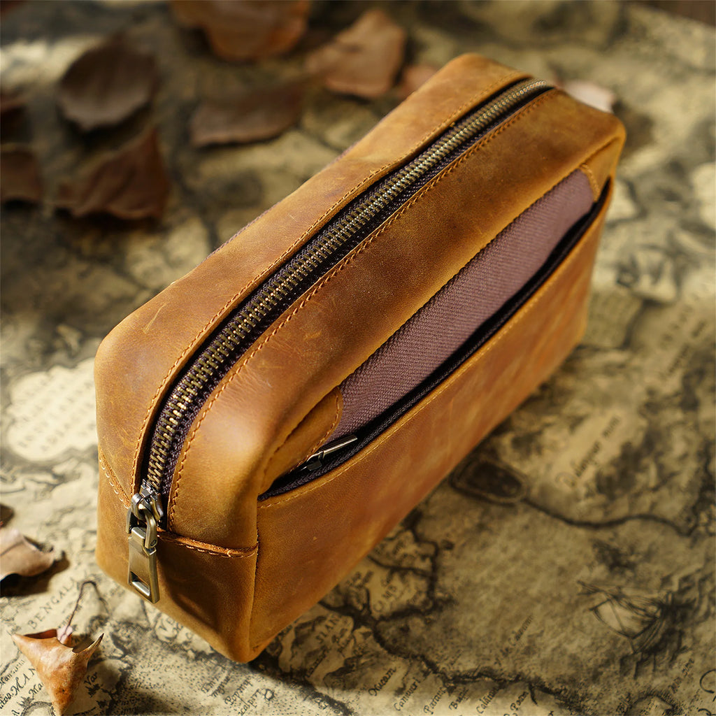 Vintage Cowhide Large Capacity Pencil Case - 22x10.5x7cm Multi-functional Pen Holder Stationery Organizer for Students Office (1