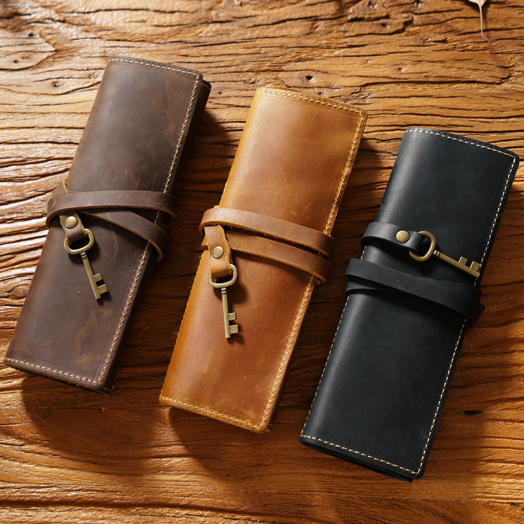 Vintage Cowhide Roll-Up Pencil Case with Triple Clip, Handmade Multi-Functional Genuine Leather Stationery Holder, 18.5x6.5x2cm,