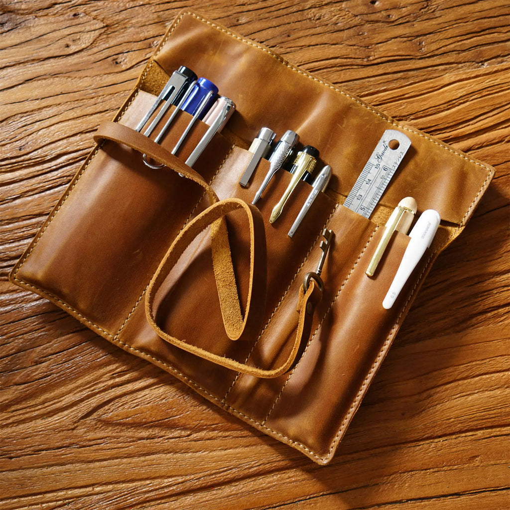 Vintage Cowhide Roll-Up Pencil Case with Triple Clip, Handmade Multi-Functional Genuine Leather Stationery Holder, 18.5x6.5x2cm,