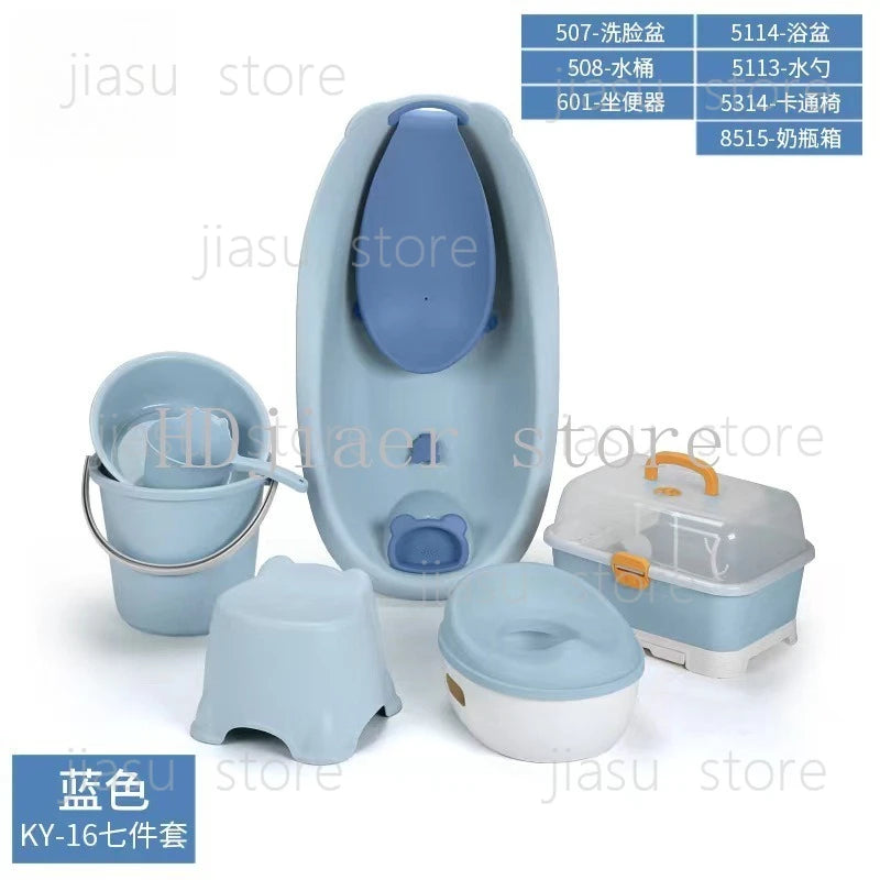 Baby bath set, bottle storage box, bucket, children's stroller, toilet storage cabinet, eight-piece set, baby basin.