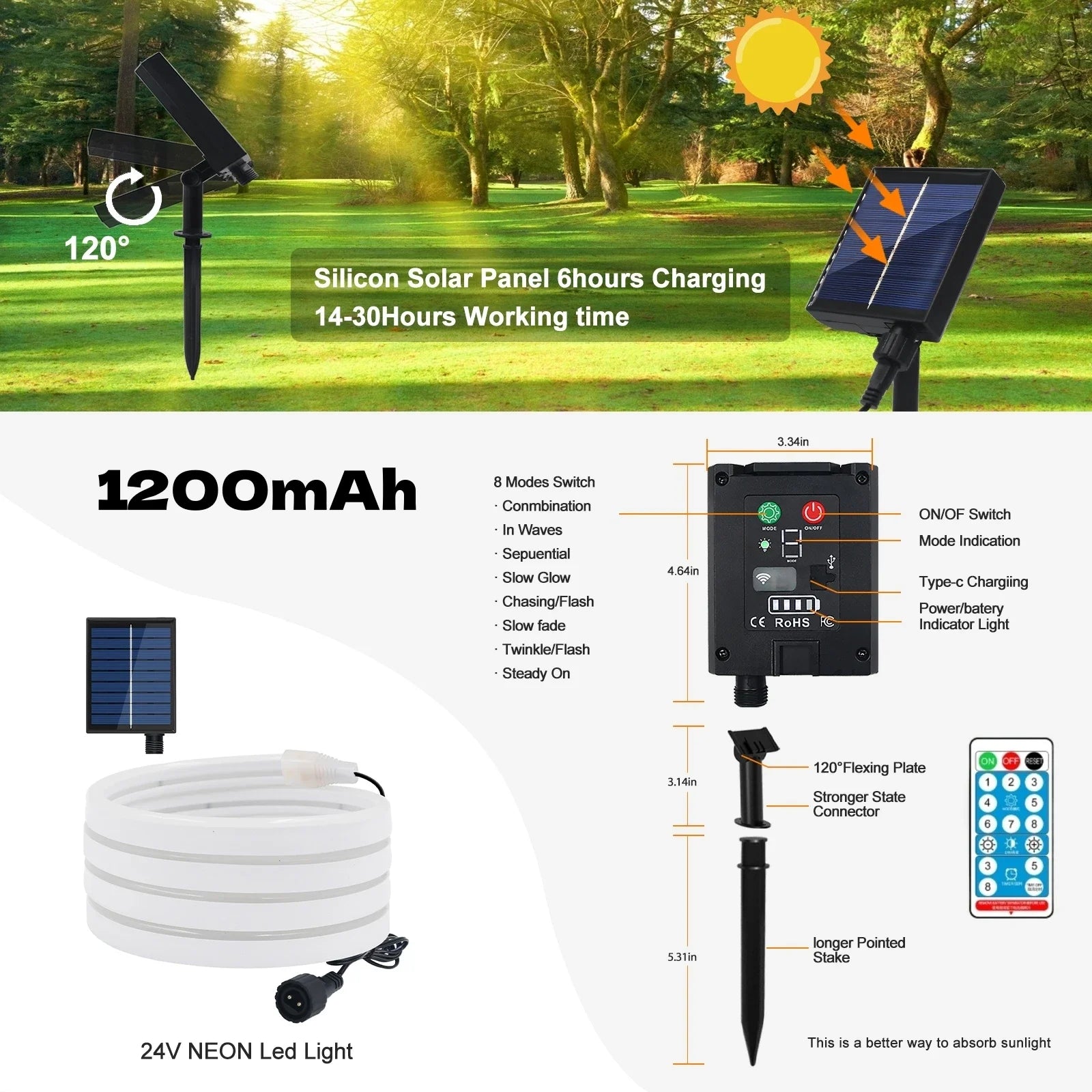 10M Solar Neon LED Strip Outdoor Pool IP67 Waterproof Flexible 2835 LED Tape Light Sign With Remote 24V 120LEDs/M Tube Diode