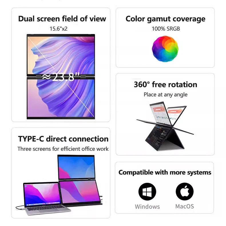 15.6" 120Hz Dual Touchscreen Portable Monitor 1080P FHD With 360° Flip External Screen For PC Laptop Mac Phone Xbox PS4/5 Switch