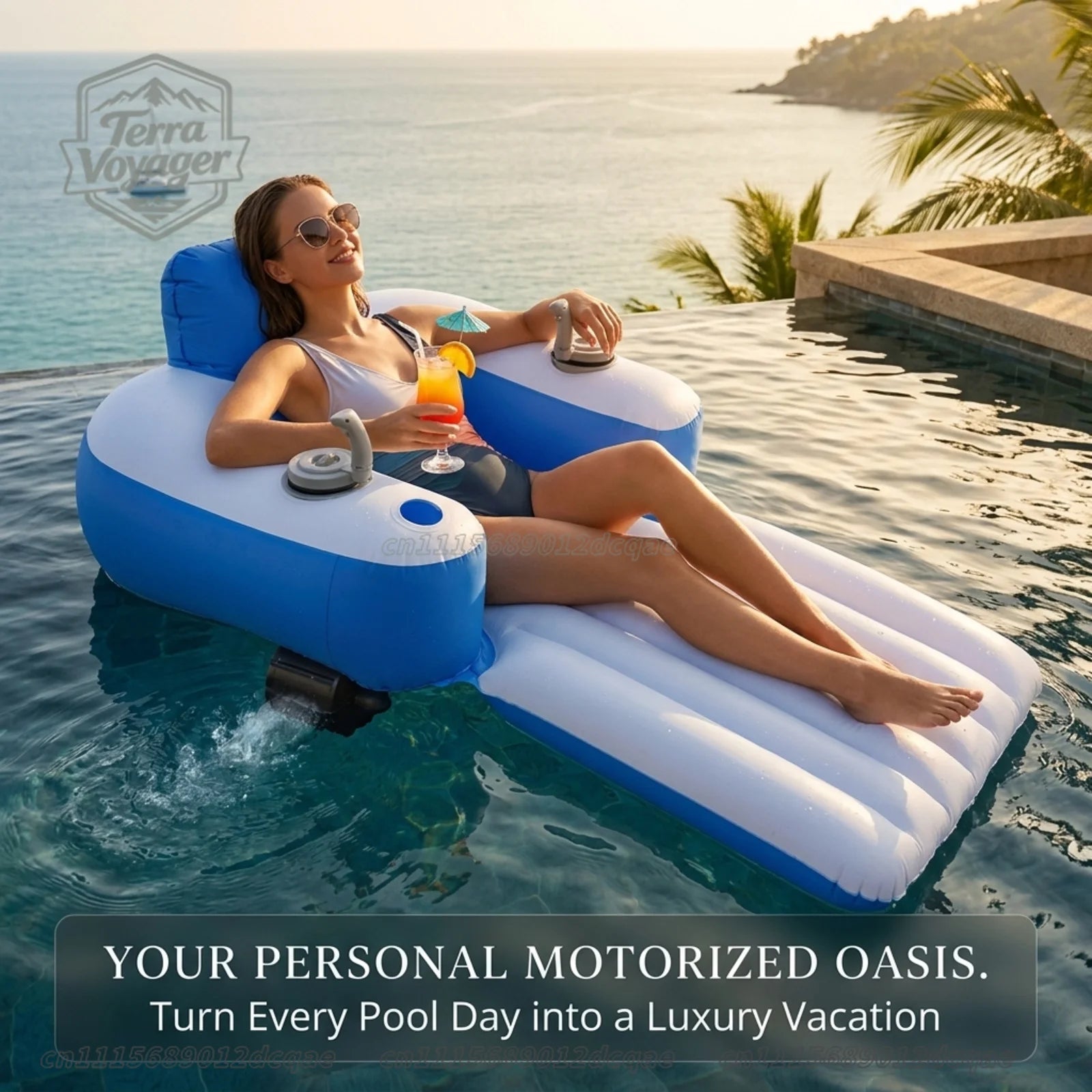 Motorized Inflatable Pool Lounger with Dual Thrusters, Electric Pool Float with 360 Degree Joystick Control for Adults